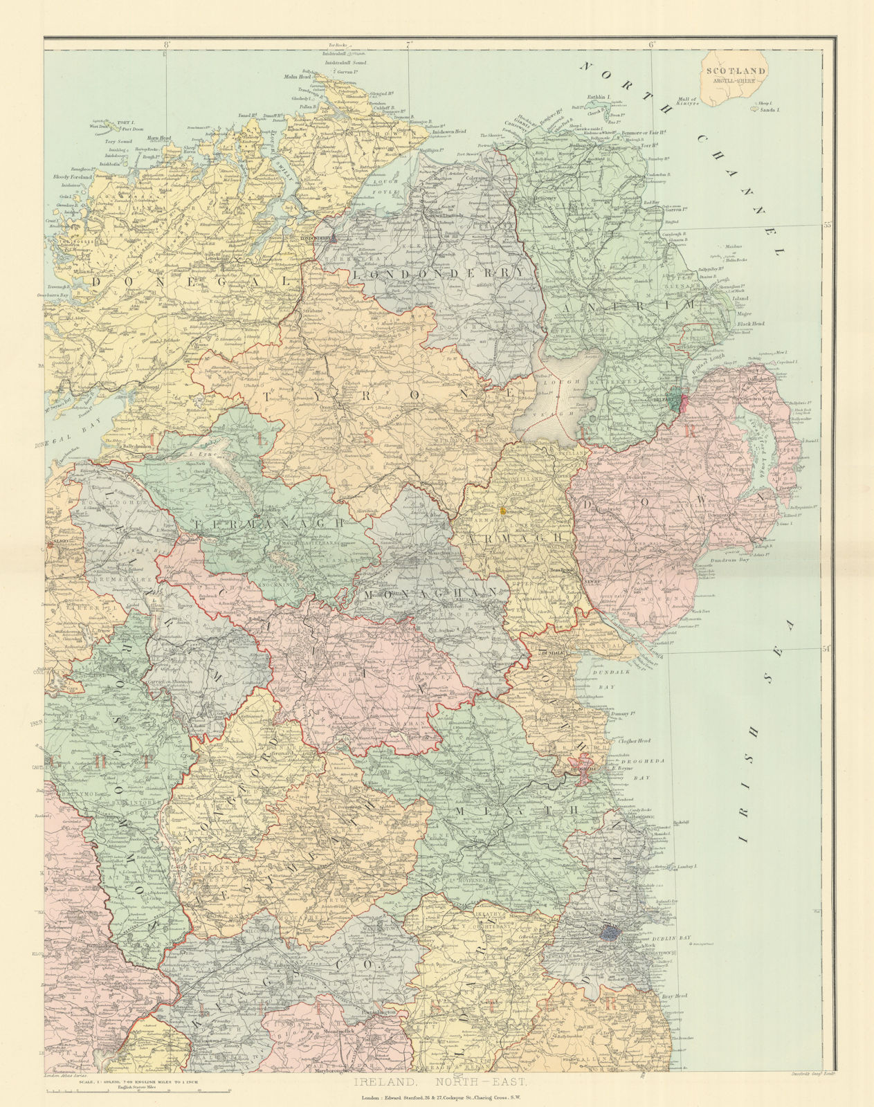 Associate Product Ireland north-east Ulster Down Antrim Armagh Londonderry &c. STANFORD 1894 map