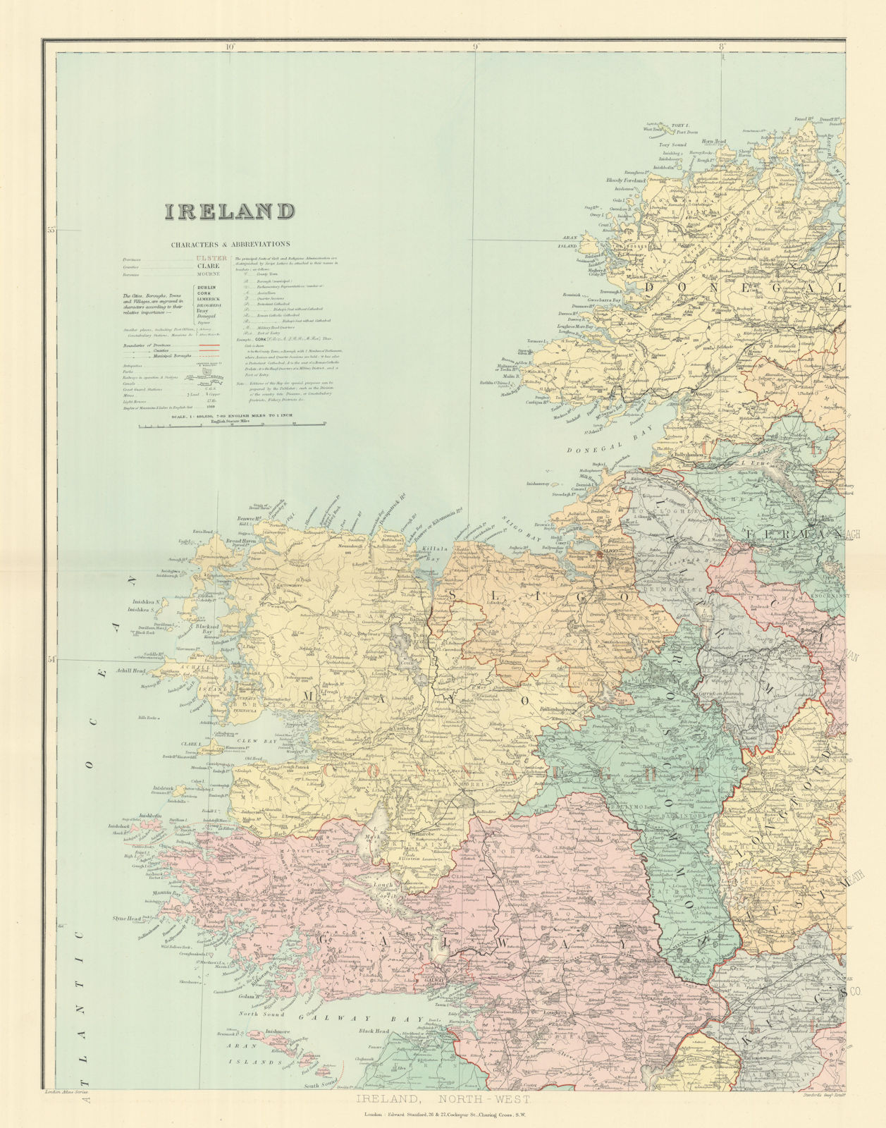 Ireland north-west. Connacht Mayo Galway Roscommon Leitrim. STANFORD 1894 map