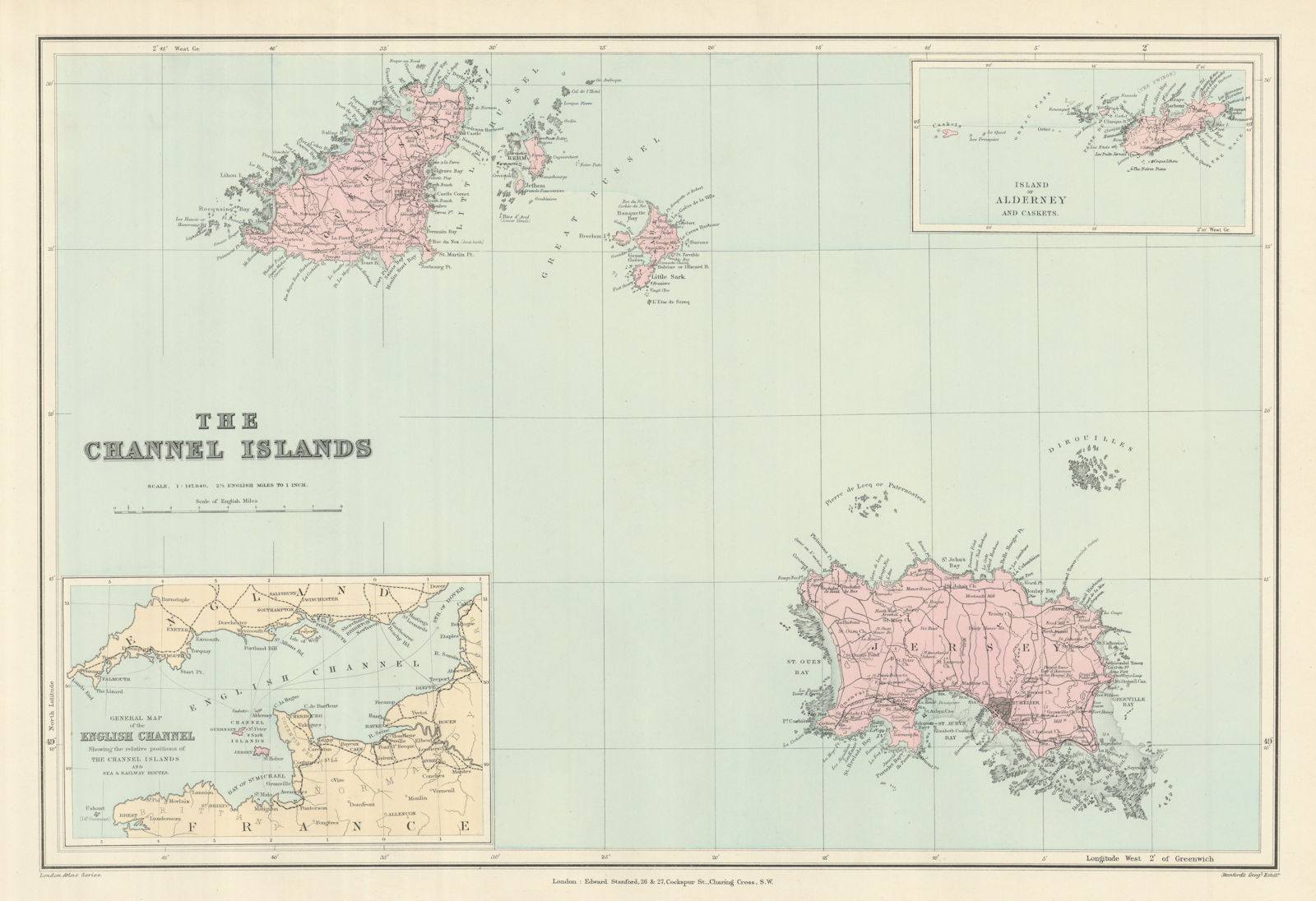 Channel Islands. Guernsey Jersey Alderney Sark Herm Caskets. STANFORD 1894 map