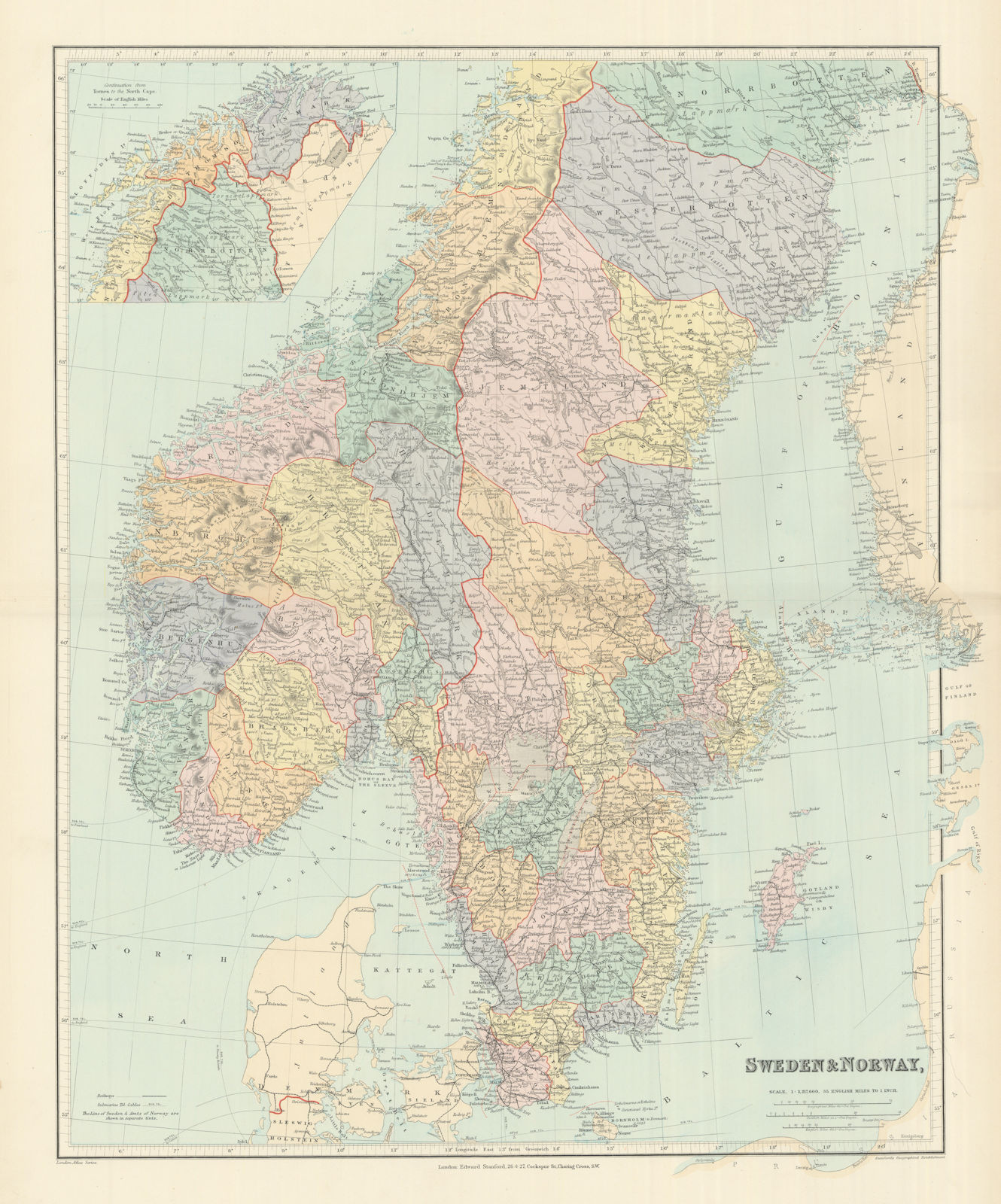 Scandinavia physical mountains fjords glaciers. Sweden Norway. STANFORD 1894 map