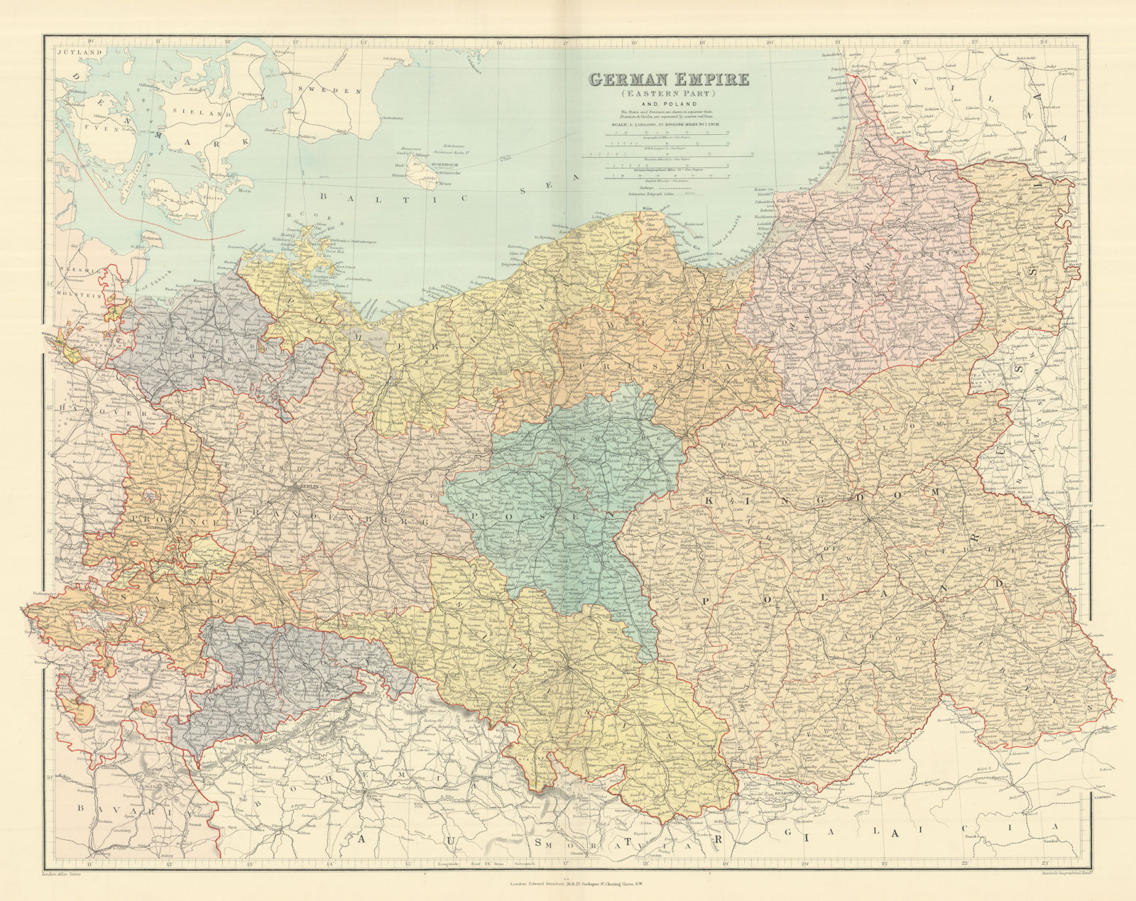 German Empire (eastern part) and Poland. Large 66x52cm. STANFORD 1894 old map