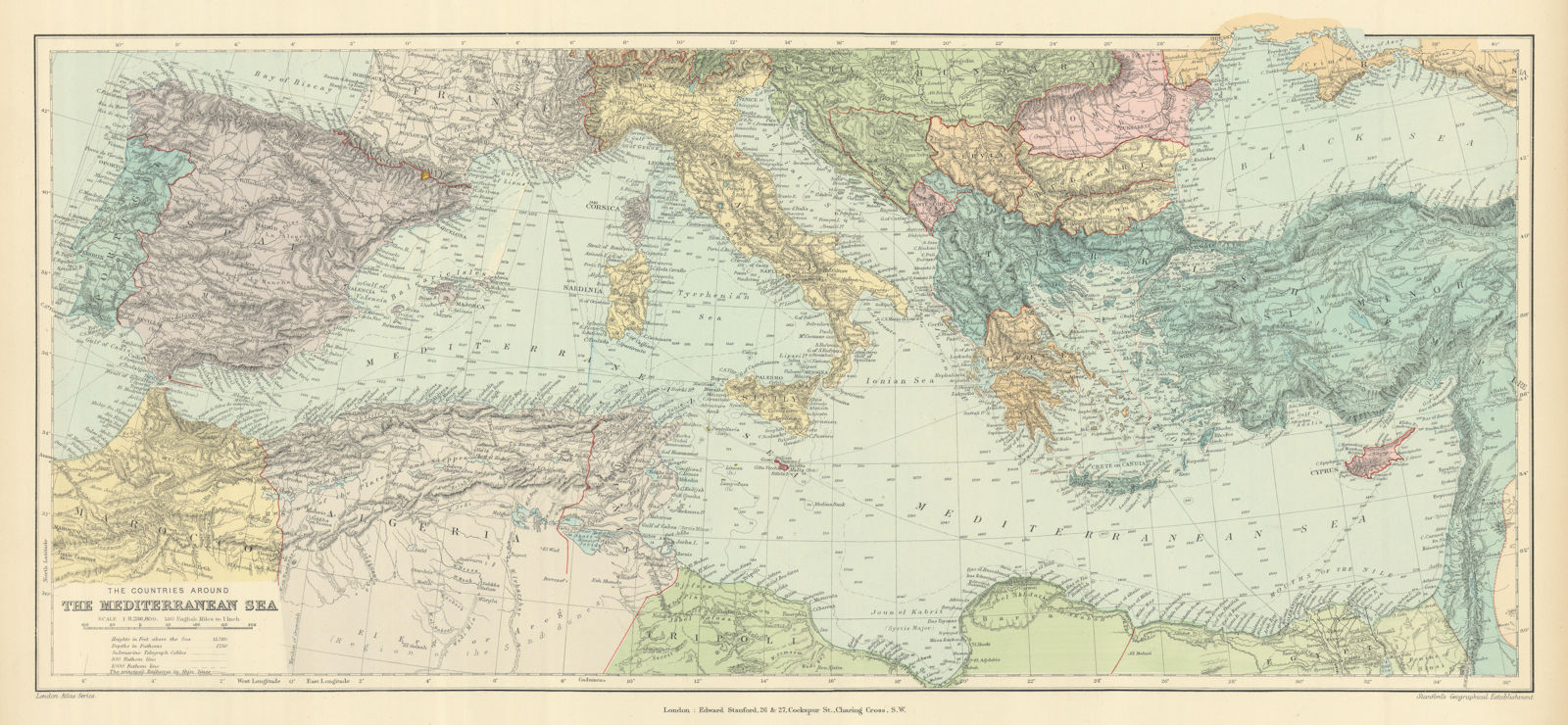 Countries round the Mediterranean. Soundings Telegraph cables. STANFORD 1894 map