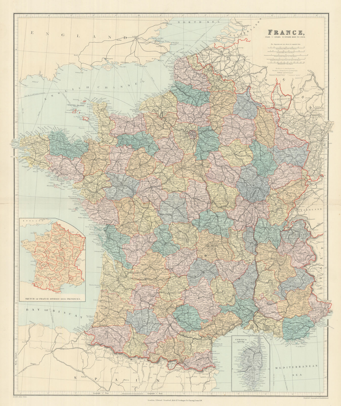 Associate Product France in departements without Alsace Lorraine. Large 65x54cm. STANFORD 1894 map