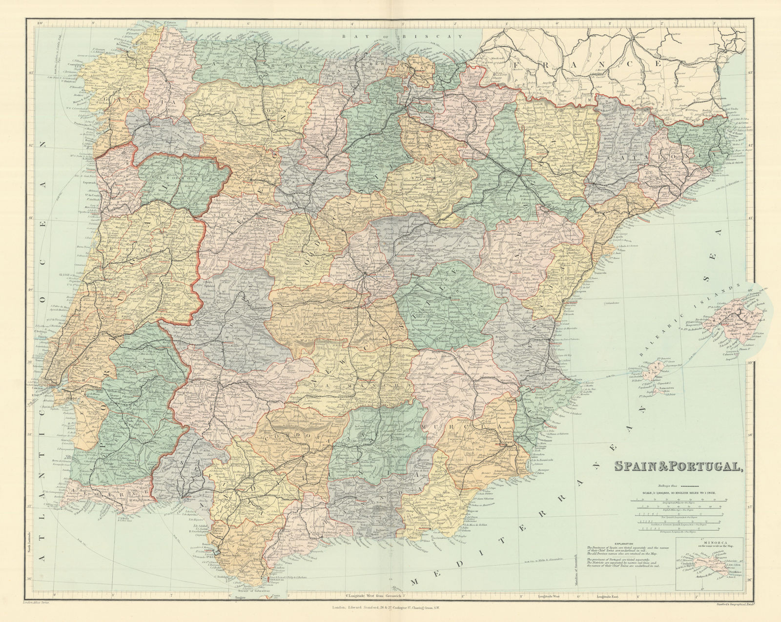 Spain & Portugal. Iberia. Railways. Large 52x65cm. STANFORD 1894 old map