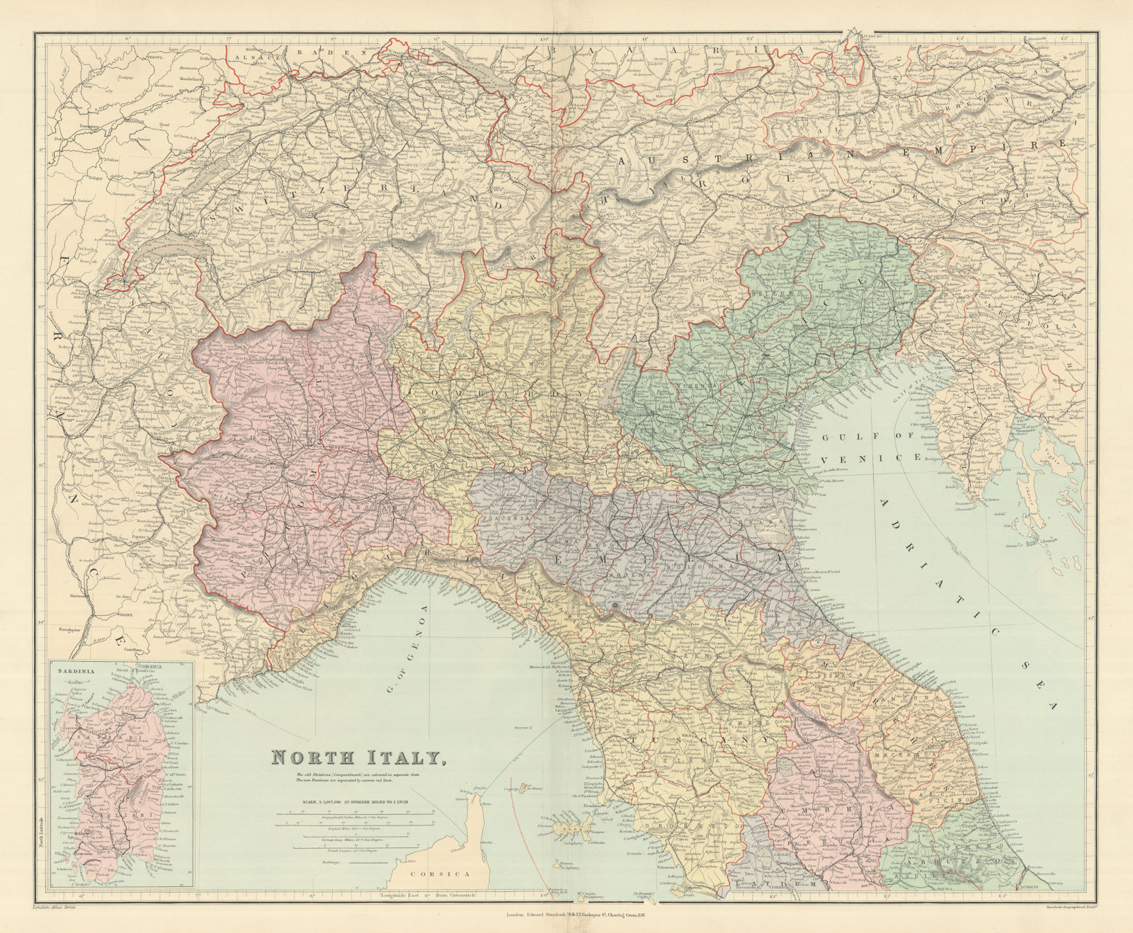 Associate Product North Italy. w/o Trieste Tyrol. Lombardy Piedmont Veneto &c. STANFORD 1894 map