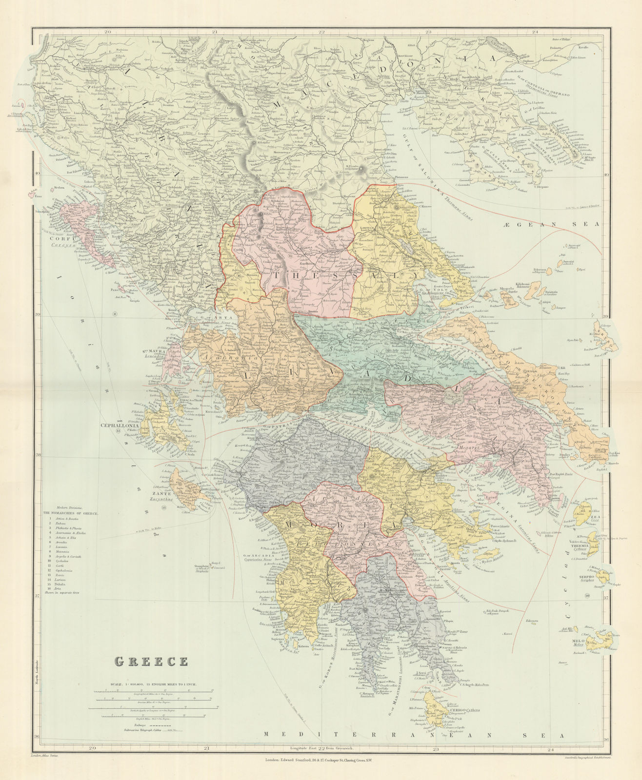 Greece. Nomarchies. Ionian Sporades Cyclades Morea Livadia. STANFORD 1894 map