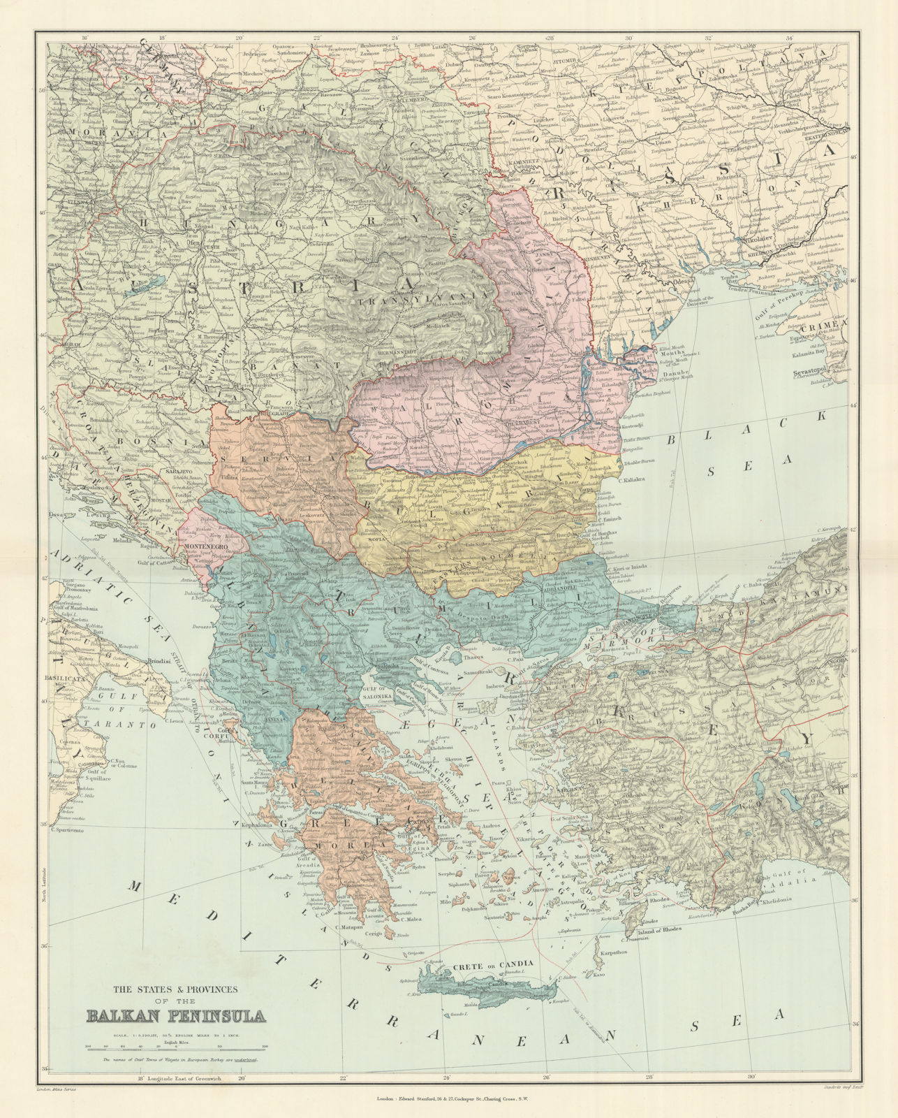 BALKAN PENINSULA Greece Austria Rumili Servia Turkey Romania STANFORD 1894 map