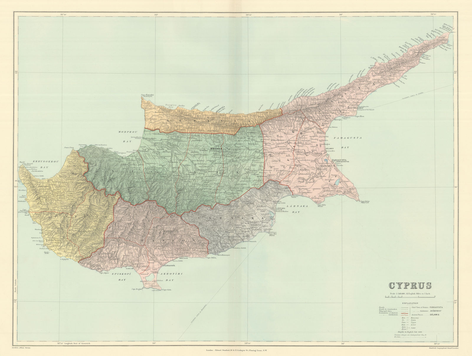 Cyprus. Districts. Ancient sites. Large 51x66cm. STANFORD 1894 old antique map
