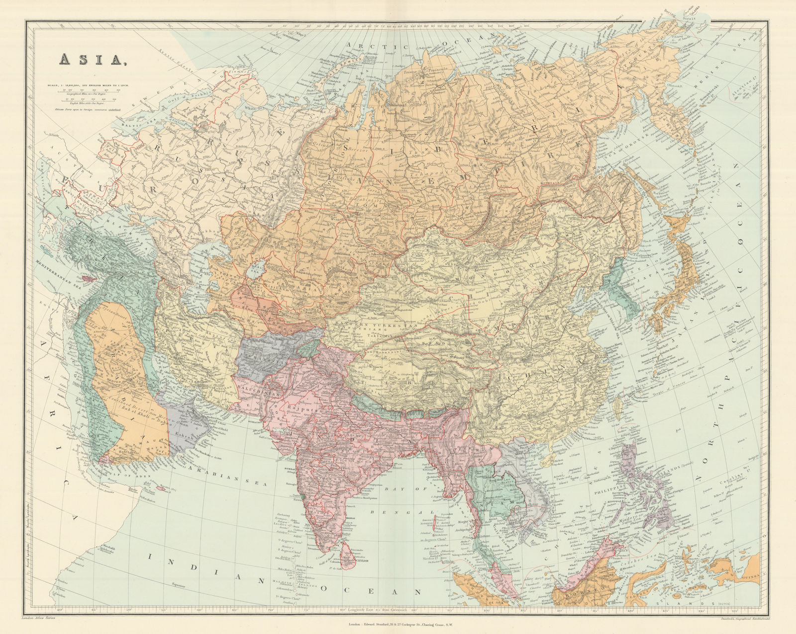 ASIA Japanese Formosa British India Siam Oman Abu Debi (Dhabi) STANFORD 1894 map