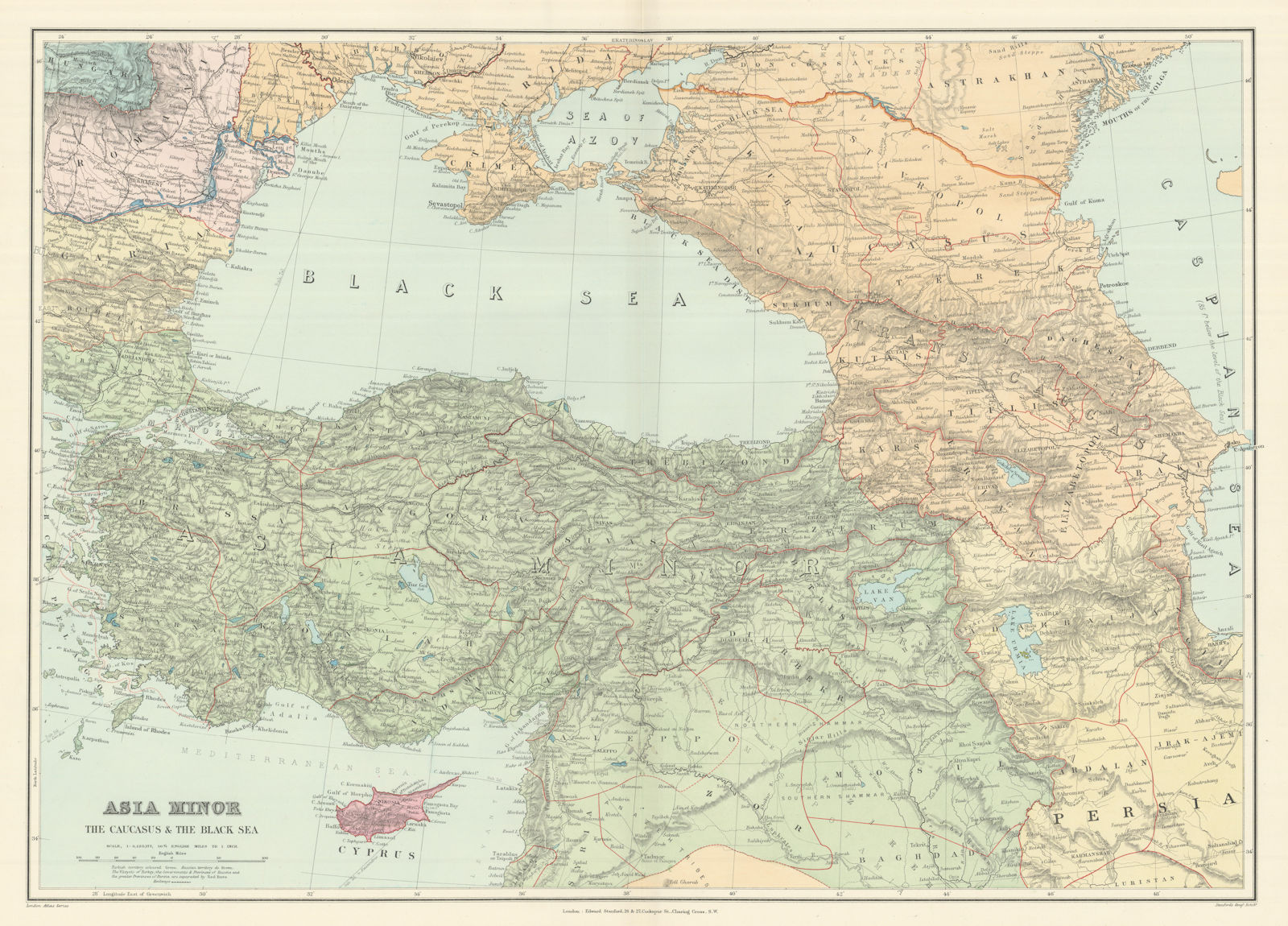 Asia Minor Caucasus & Black Sea. Turkey Syria Georgia Armenia. STANFORD 1894 map