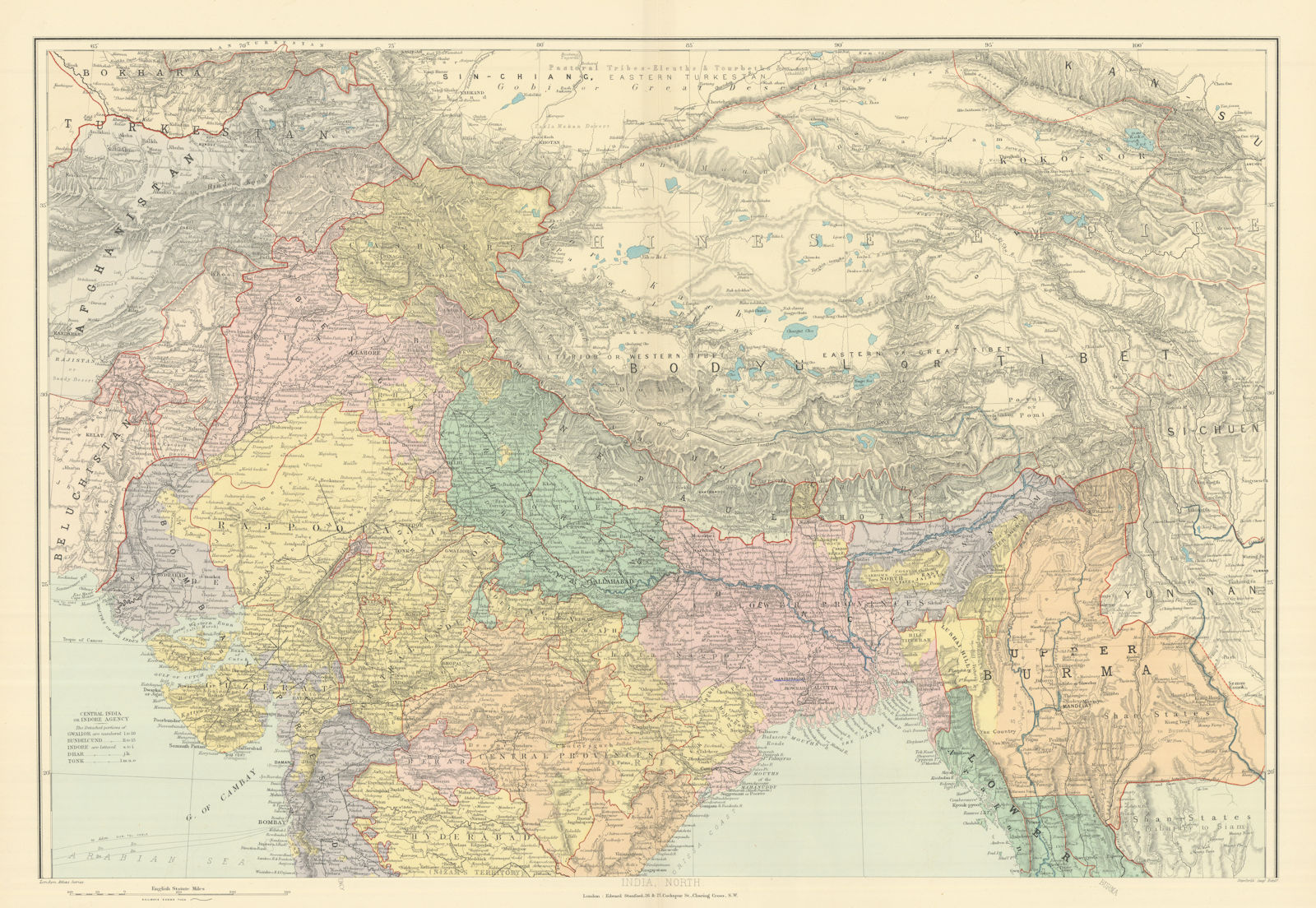 India, North. Tibet Bodyul Himalayas Baluchistan Burma 51x72cm STANFORD 1894 map