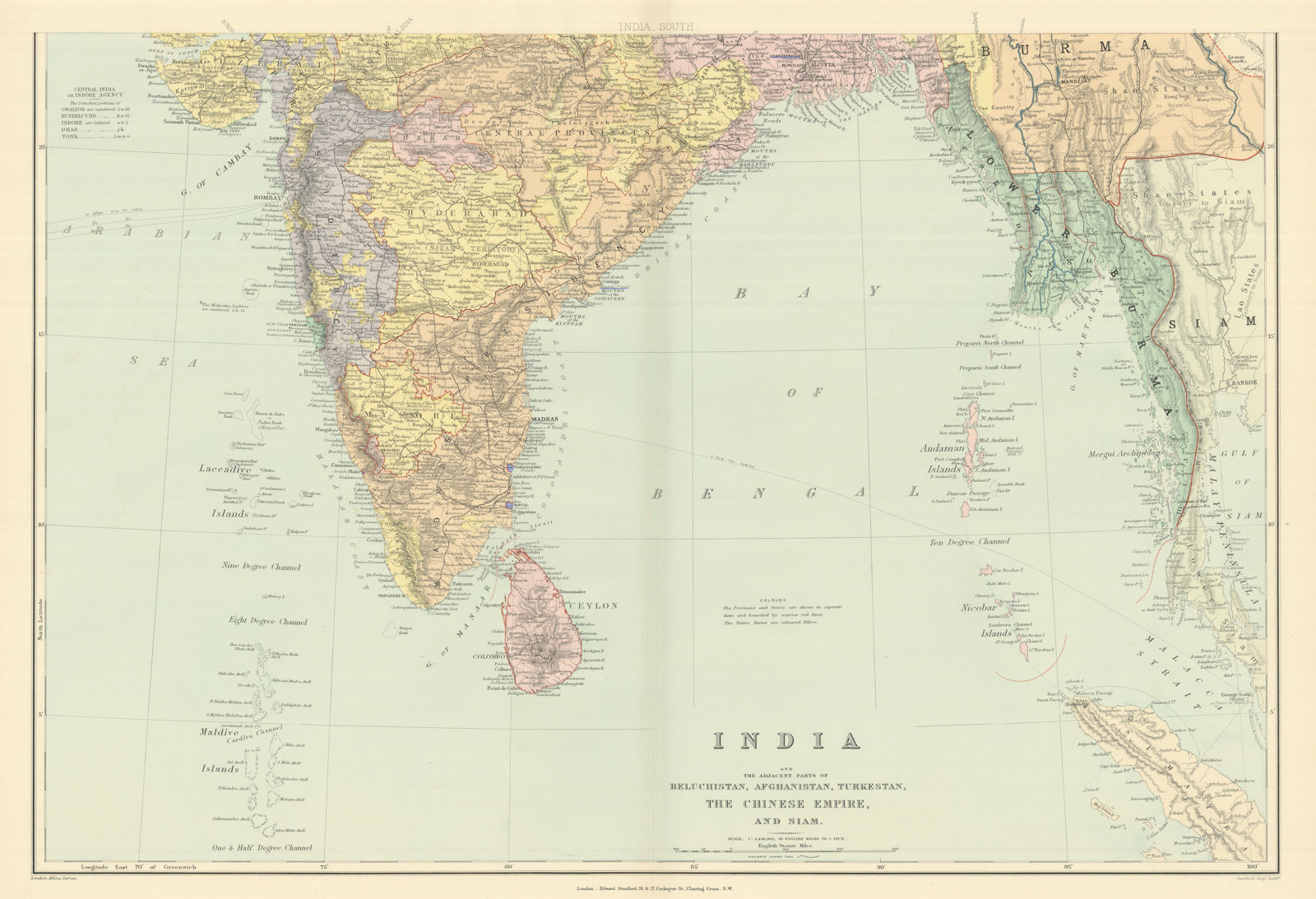 India, South. Burma Ceylon Bay of Bengal Andaman Maldives. STANFORD 1894 map