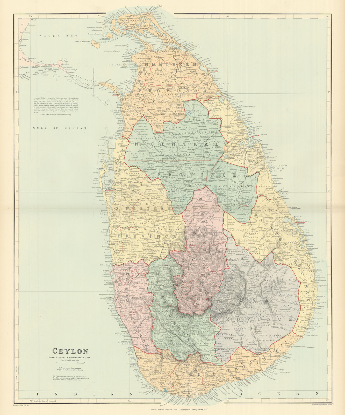 Associate Product Ceylon. Sri Lanka. Provinces & railways. Large 66x53cm. STANFORD 1894 old map