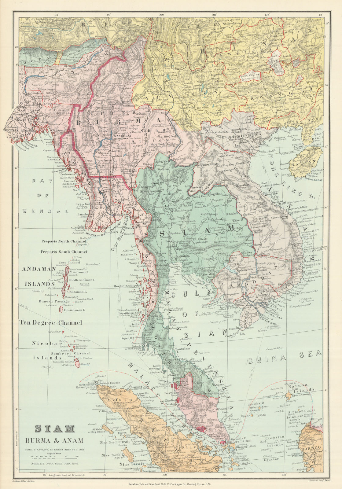 Indo-China. Indochina. Siam Annam Burma Thailand Cambodia. STANFORD 1894 map