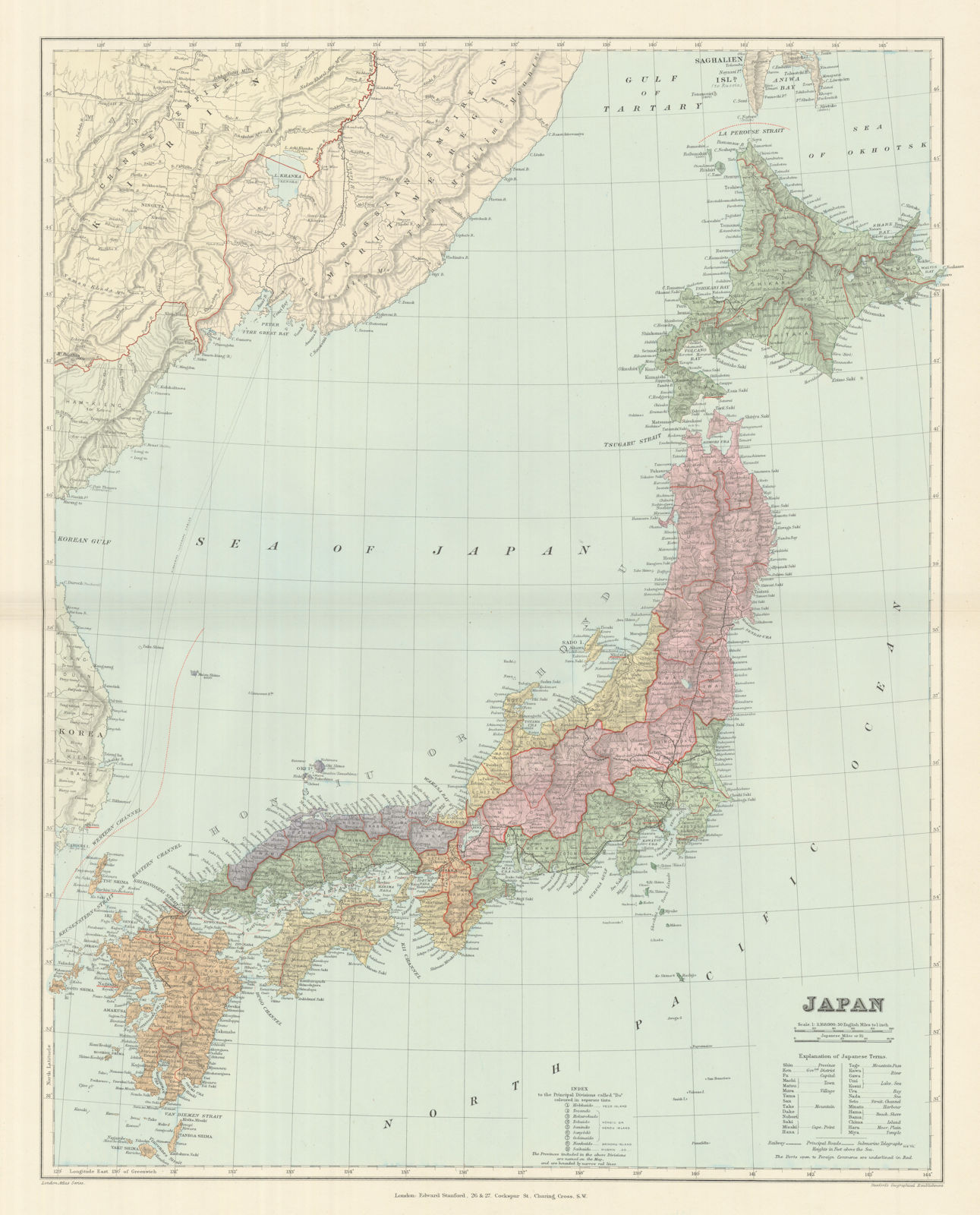 The Islands of Japan, in Provinces/prefectures. 65x52cm. STANFORD 1894 old map