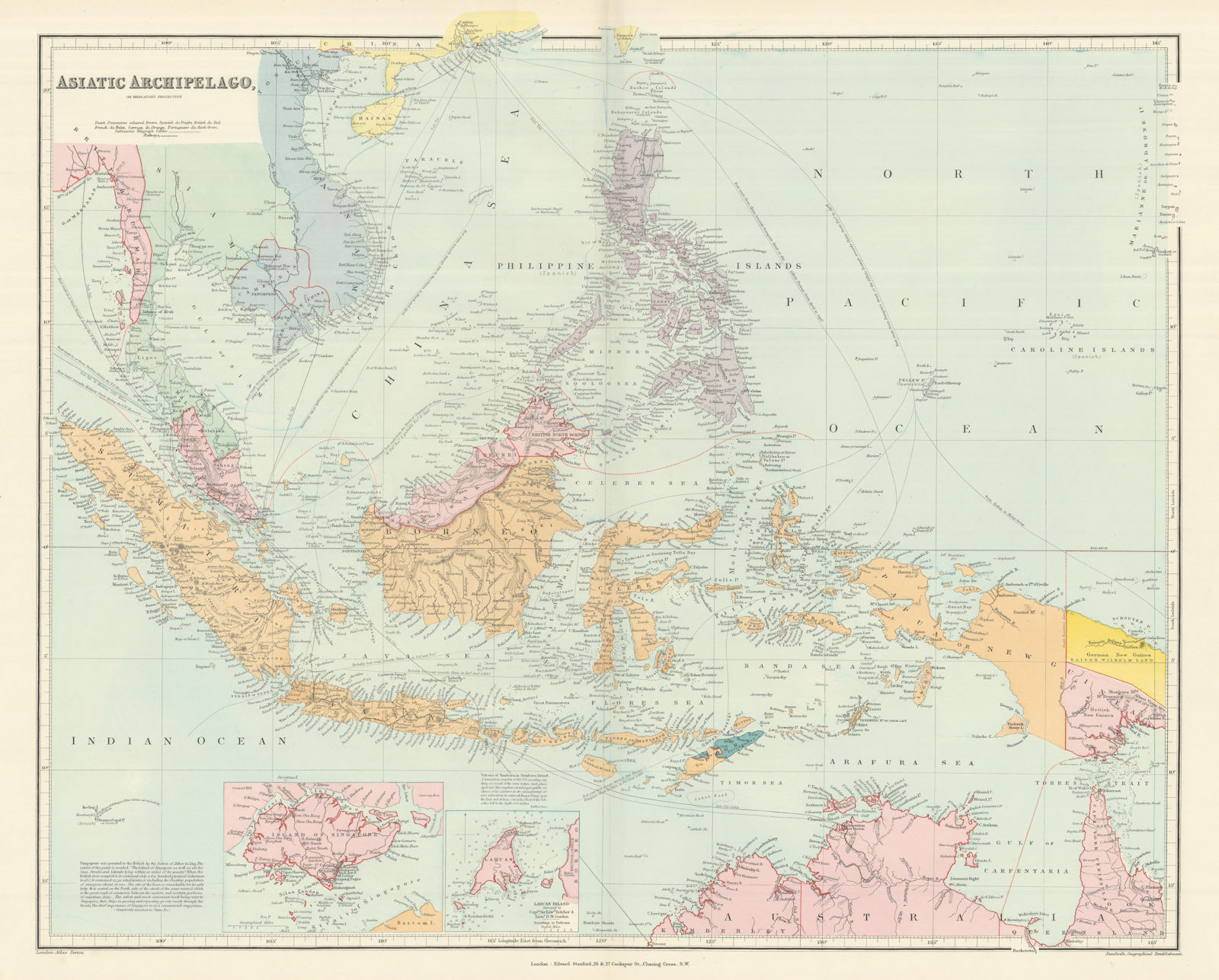 Asiatic Archipelago. Indonesia Philippines Singapore. 53x64cm. STANFORD 1894 map