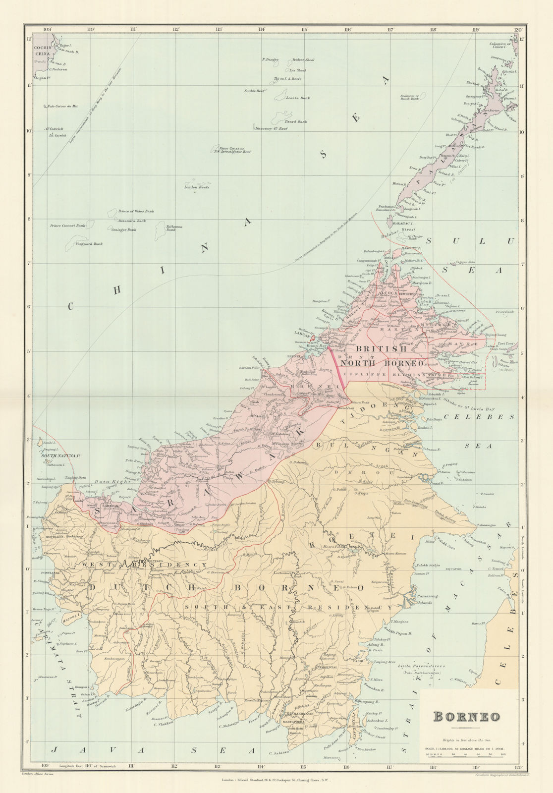 Dutch & British North Borneo Sarawak Kalimantan Palawan. STANFORD 1894 old map