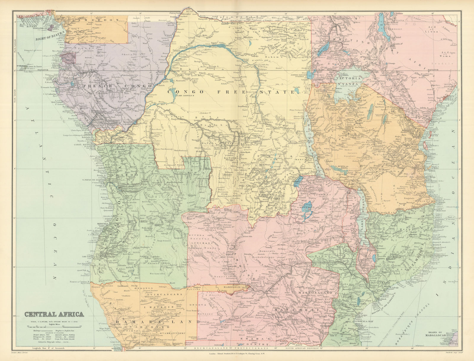 Central Africa. Congo Free State Rhodesia German East Africa. STANFORD 1894 map
