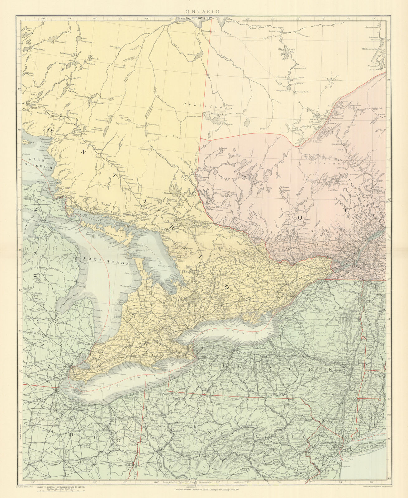 Southern Ontario. Lake Huron Erie. New York state. Great Lakes STANFORD 1894 map