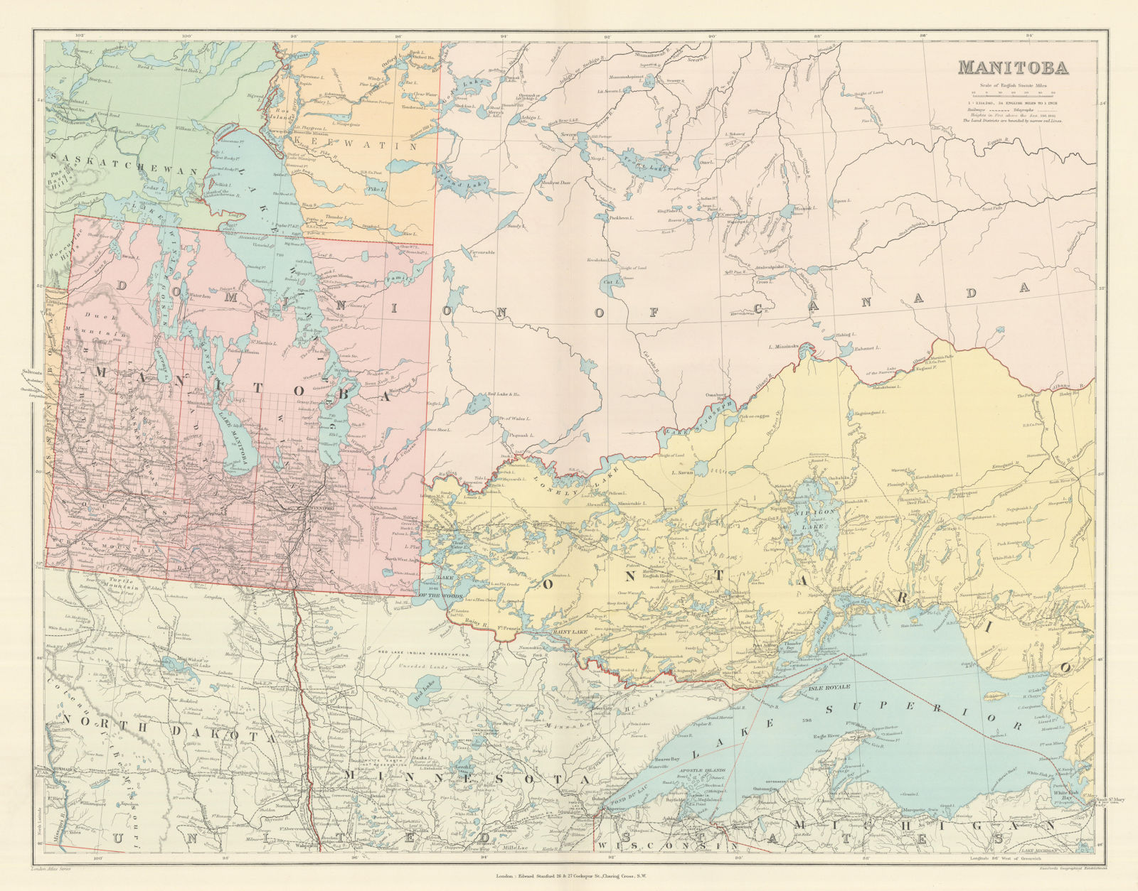 Associate Product Manitoba. West Ontario, Lake Superior & Winnipeg. Canada. STANFORD 1894 map