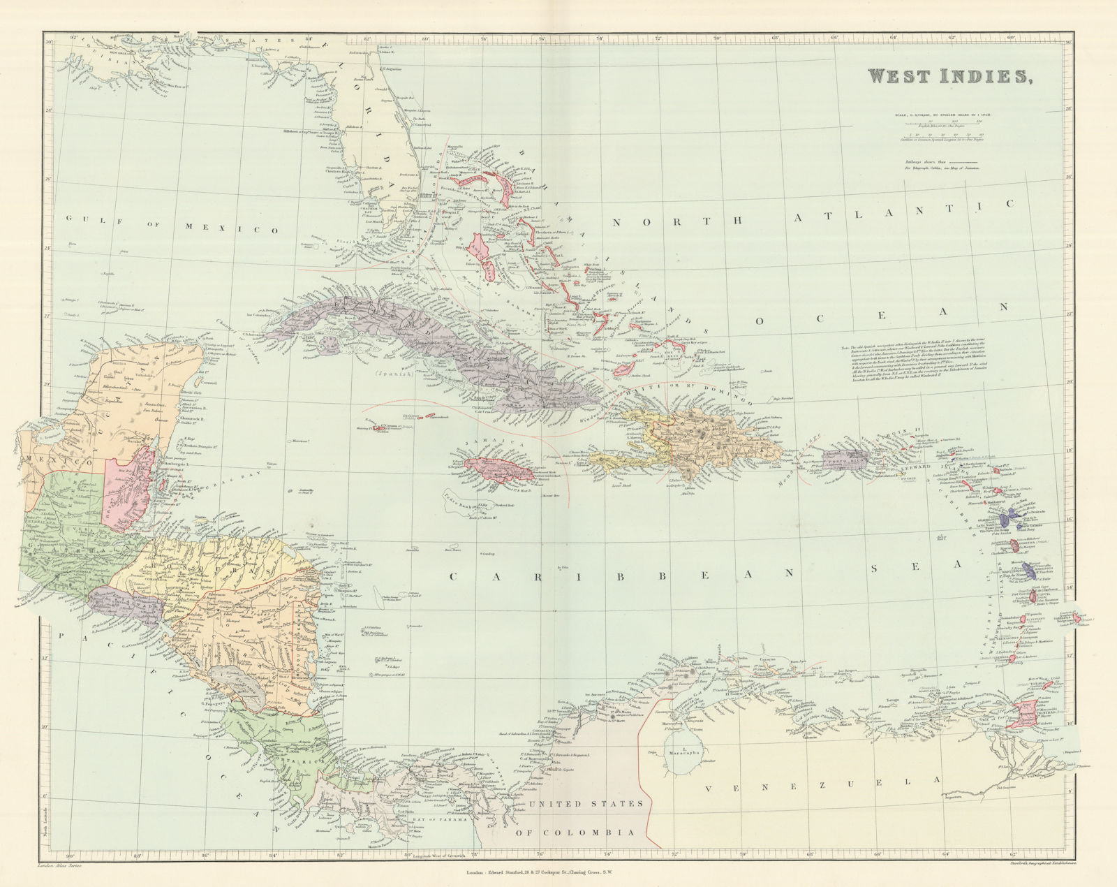 Associate Product West Indies Islands & Central America. Caribbean. STANFORD 1894 old map