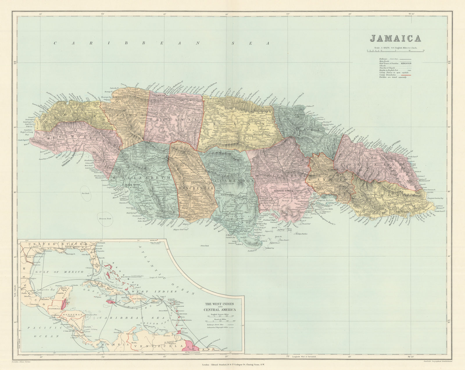 Jamaica, in parishes. West Indies telegraph cables. 51x63cm. STANFORD 1894 map