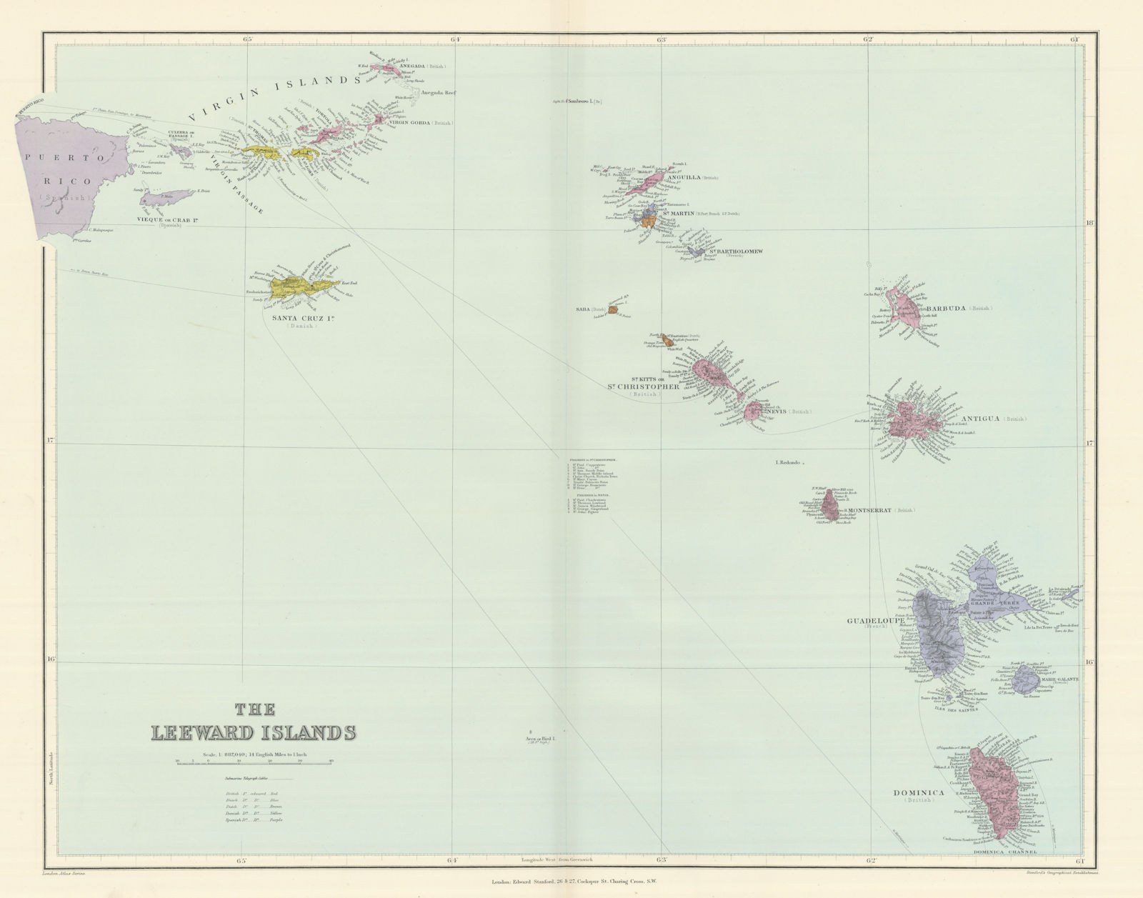 Associate Product Leeward Islands. West Indies Virgin Antigua Dominica St. Kitts STANFORD 1894 map