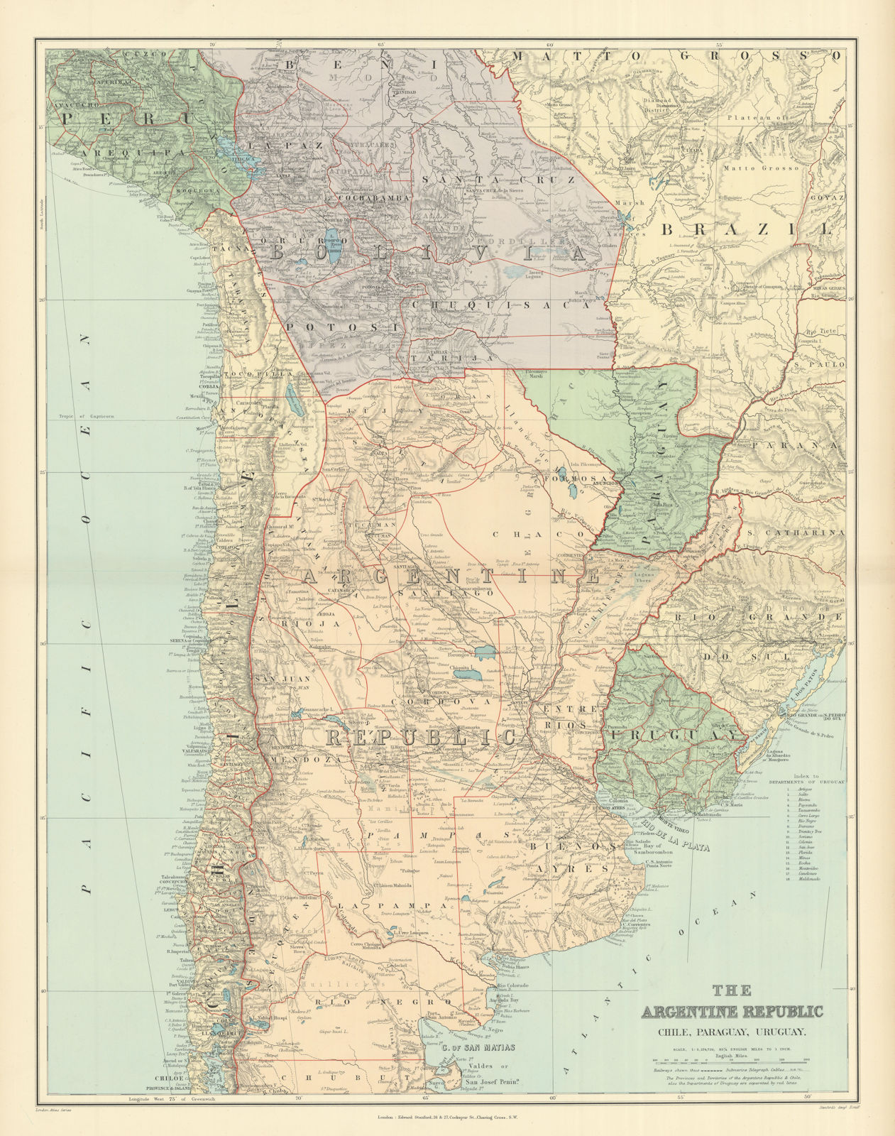 Argentine Republic, Chile, Paraguay & Uruguay. South America. STANFORD 1894 map