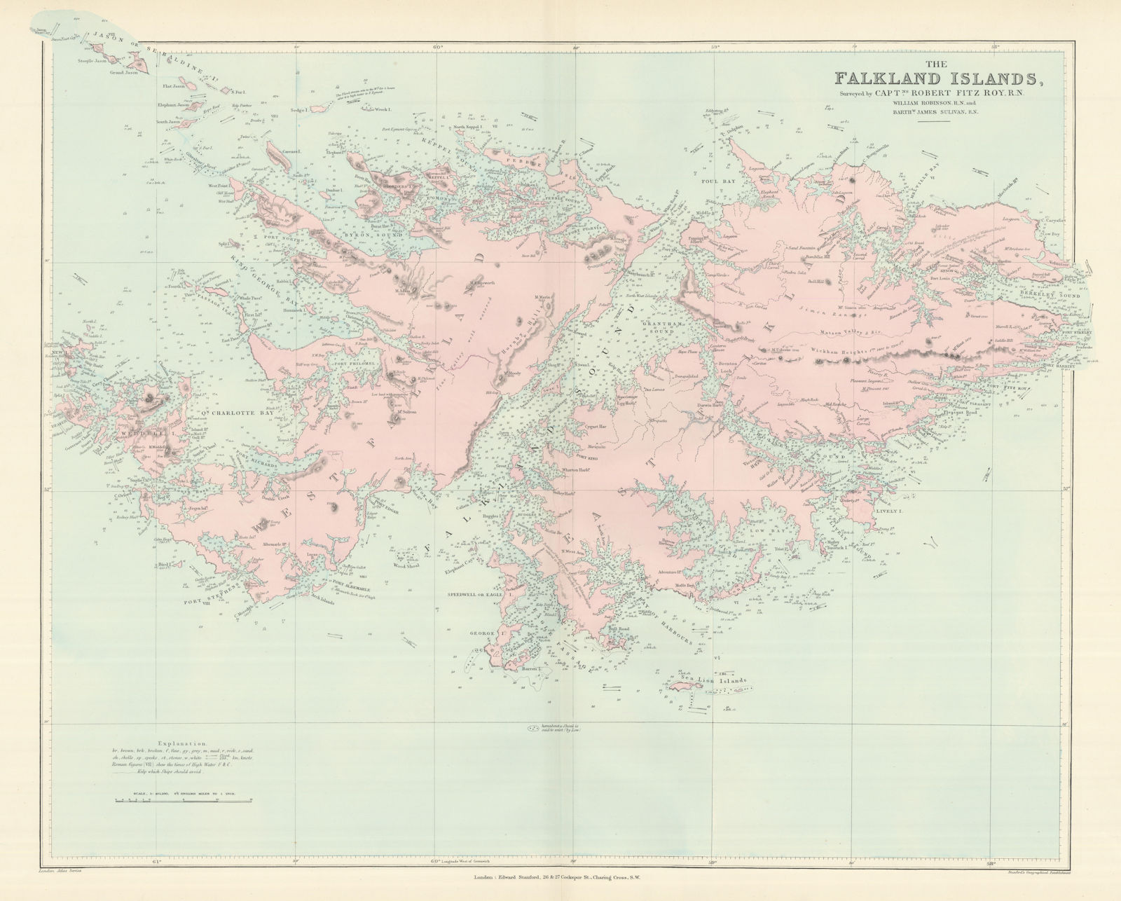 The Falkland Islands surveyed by Captain Robert Fitzroy. STANFORD 1894 old map