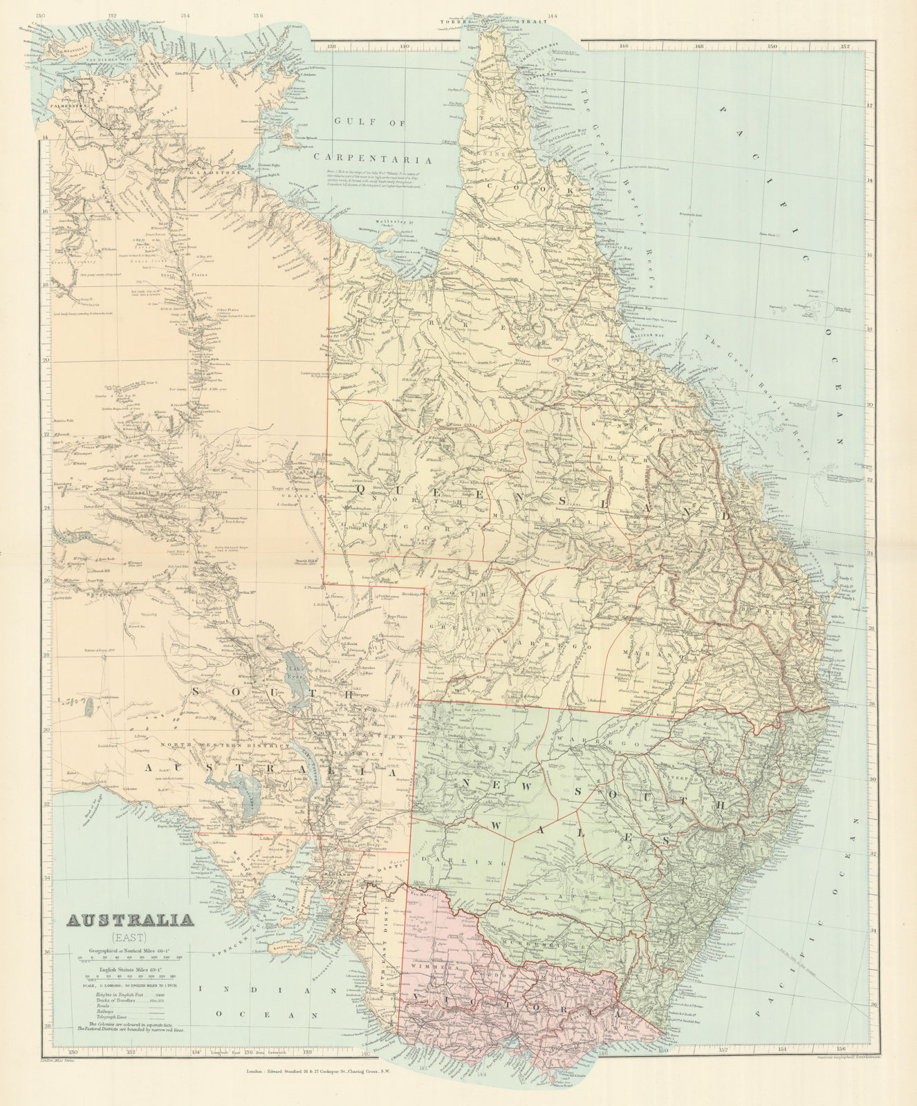 Eastern Australia. New South Wales Victoria Queensland. STANFORD 1894 old map