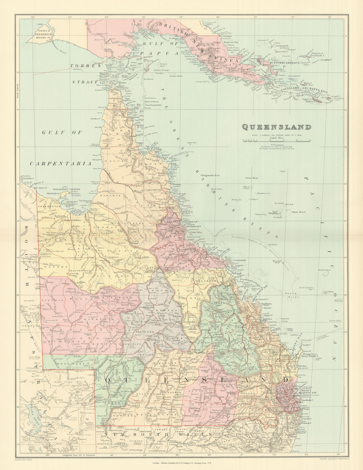 Associate Product Queensland. British New Guinea. Great Barrier Reef. 68x52cm. STANFORD 1894 map