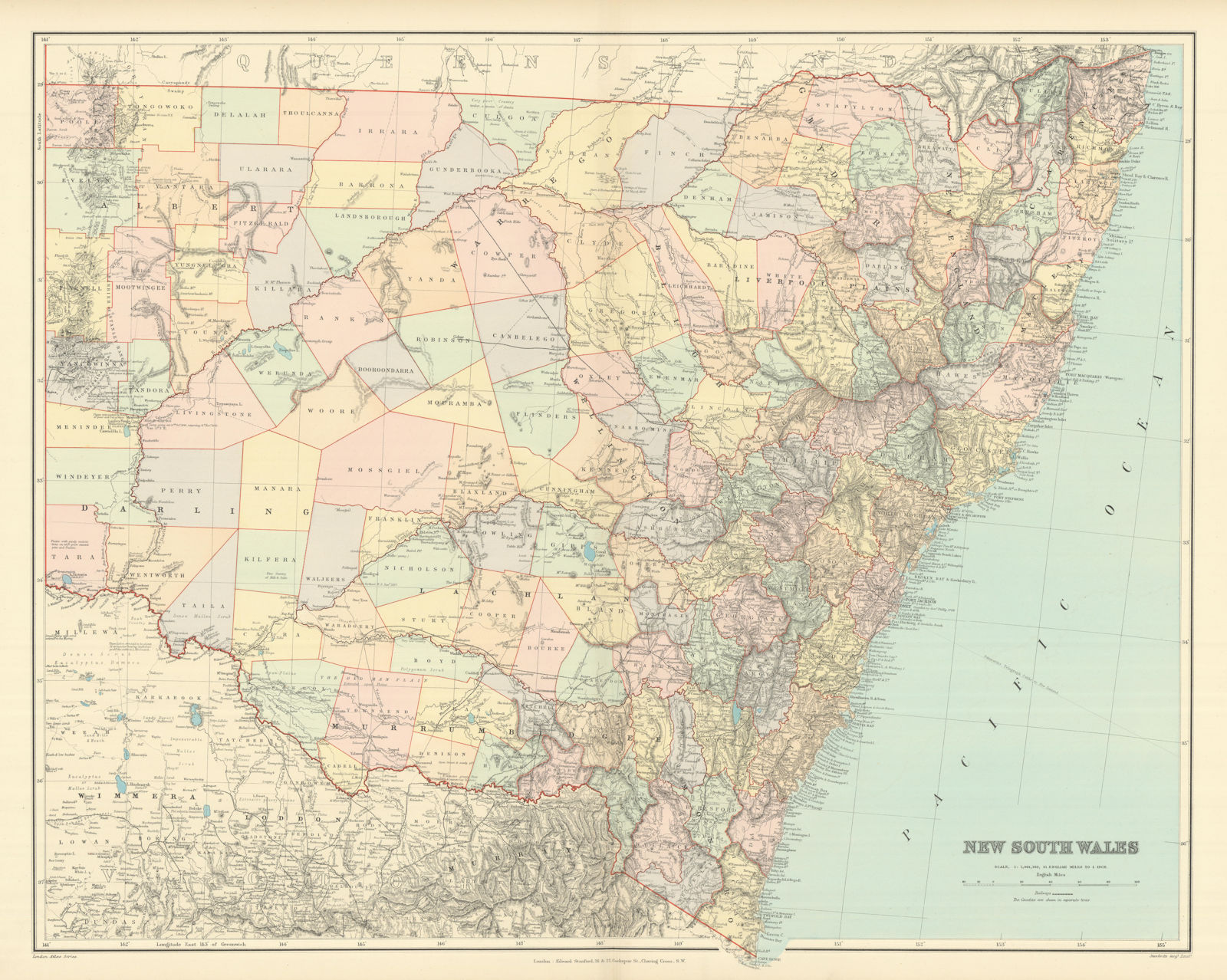 Associate Product New South Wales showing counties & railways. 53x65cm. STANFORD 1894 old map