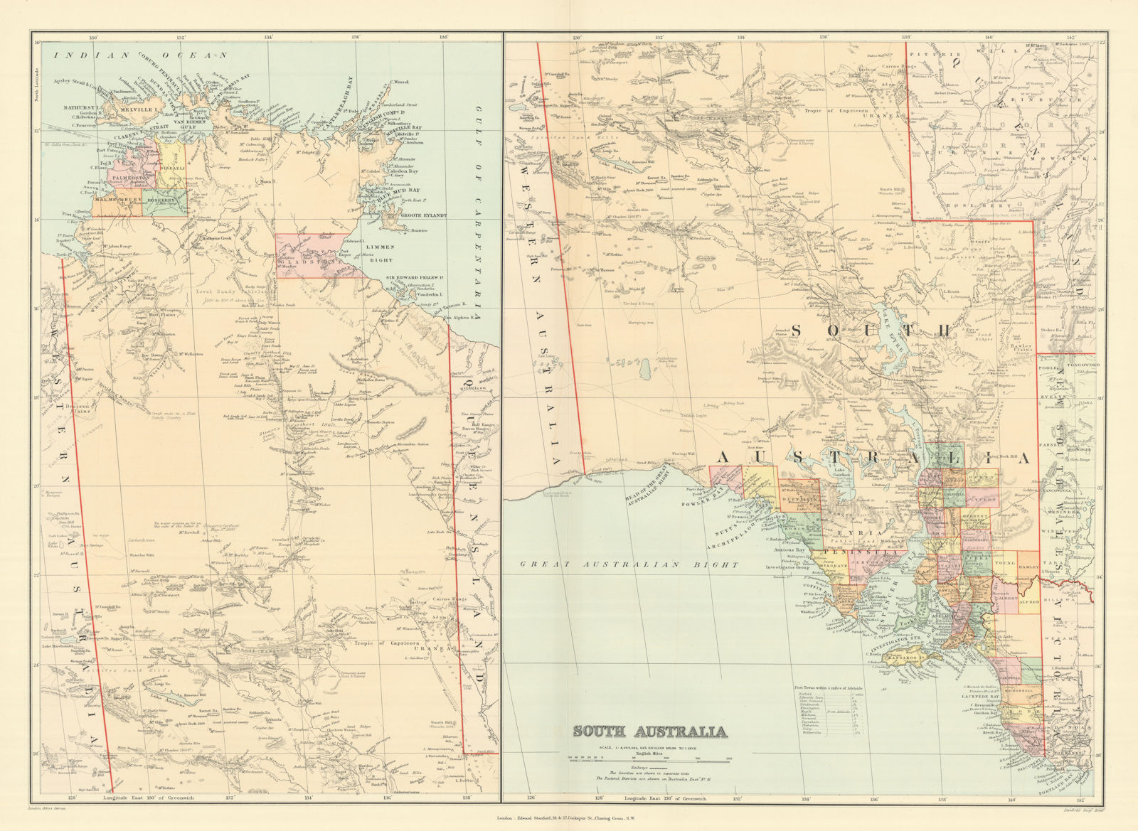 Associate Product South Australia & Northern Territory. Explorers' routes. Large STANFORD 1894 map