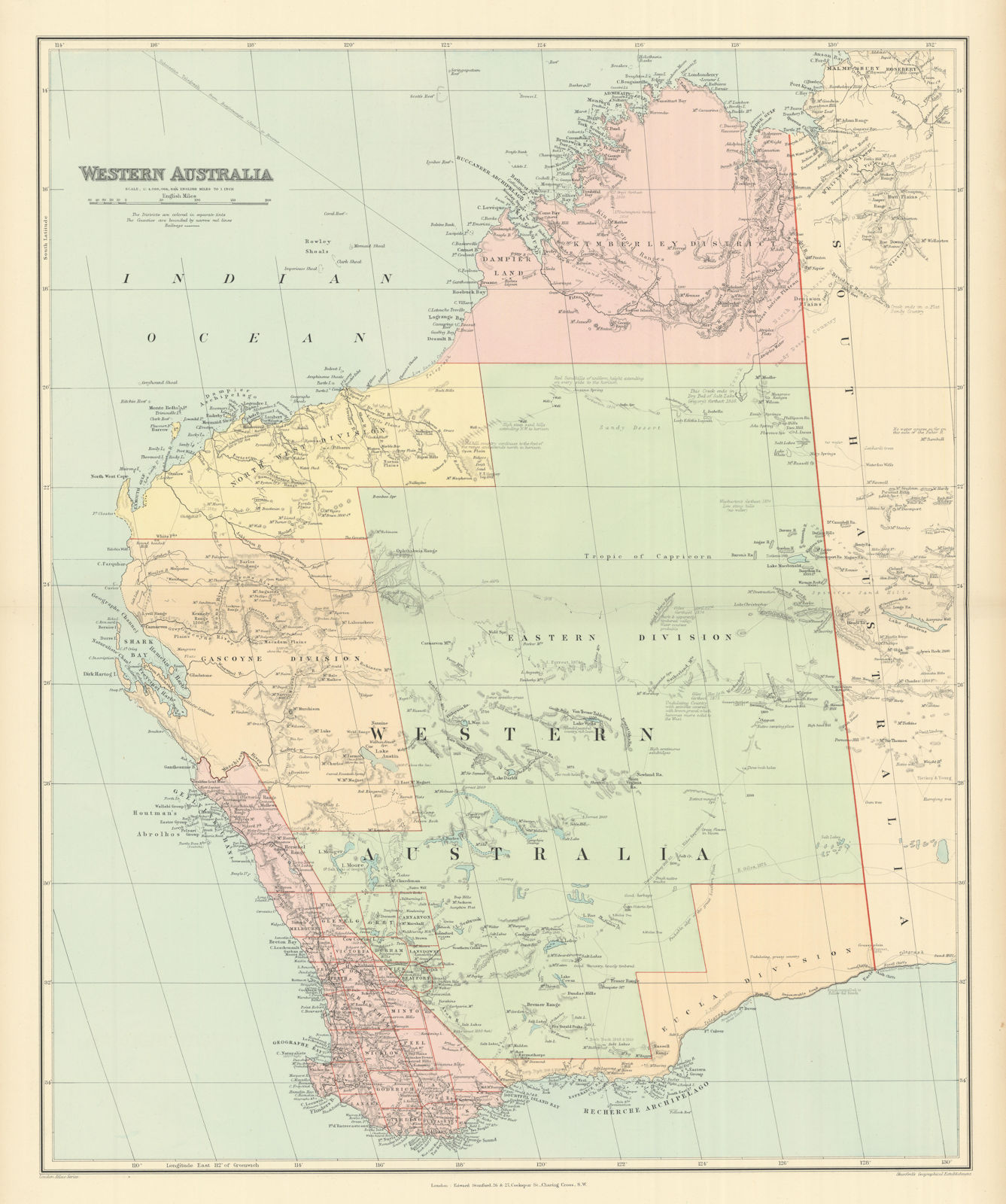 Associate Product Western Australia. Districts. Explorers' routes. Large 66x55cm STANFORD 1894 map
