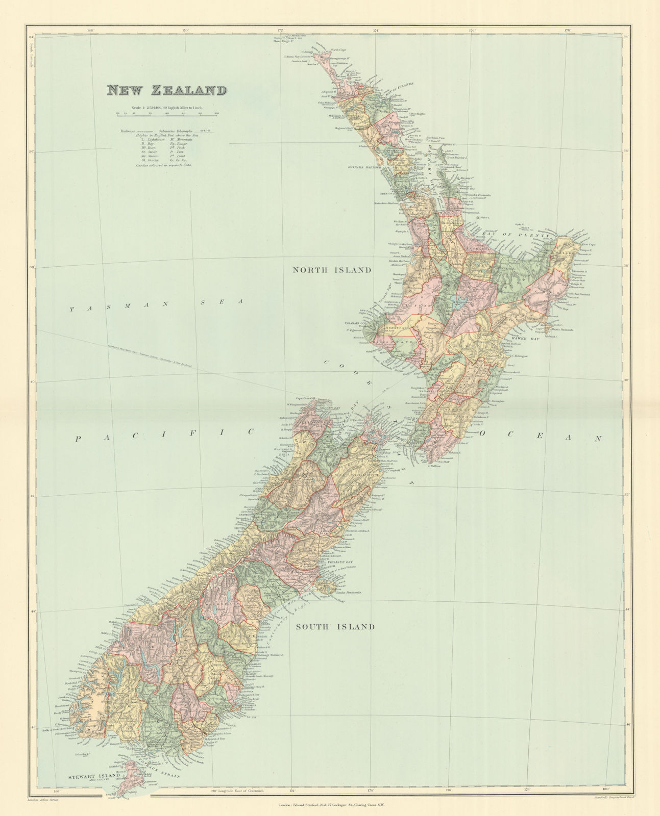 Associate Product New Zealand. Counties. Railways. Large 64x50cm. STANFORD 1894 old antique map