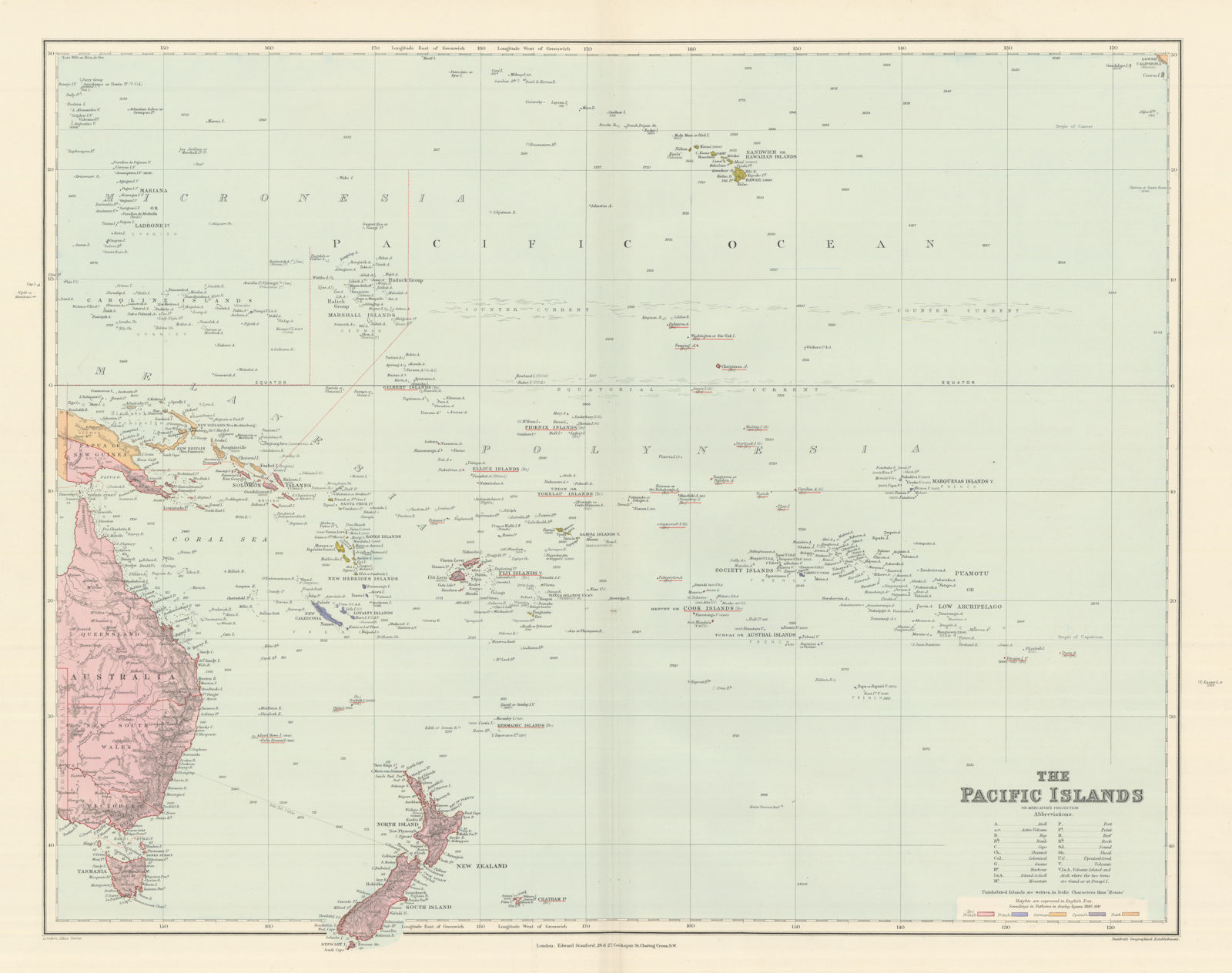 Pacific Islands. Melanesia Polynesia Micronesia. Hawaii. STANFORD 1894 old map