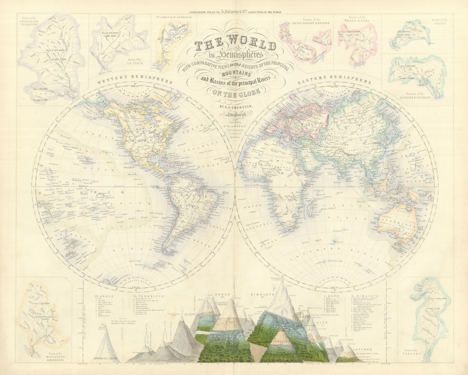 World in hemispheres. Mountains & rivers. SWANSTON 1860 old antique map chart