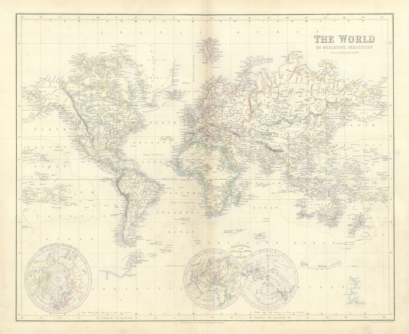 The World on Mercator's Projection. SWANSTON 1860 old antique map plan chart