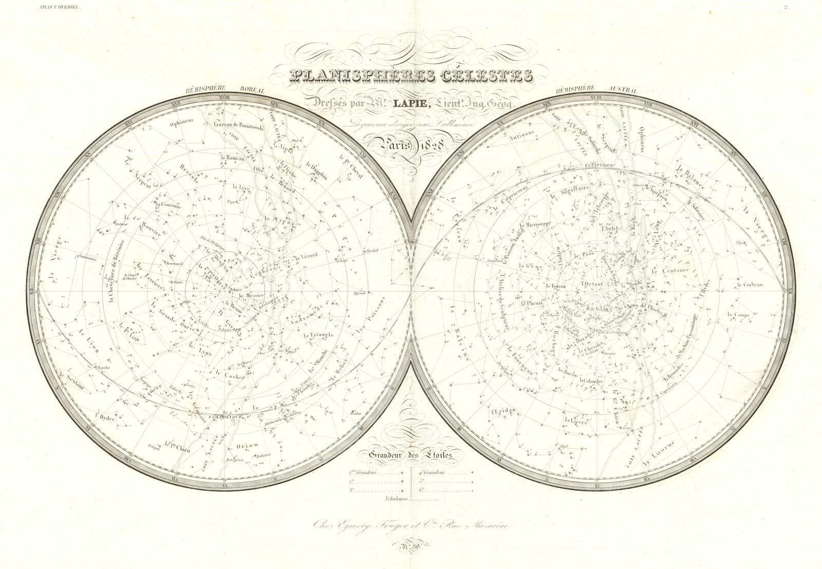 Planisphères célestes. Celestial star chart Astronomy. LAPIE 1828 old map