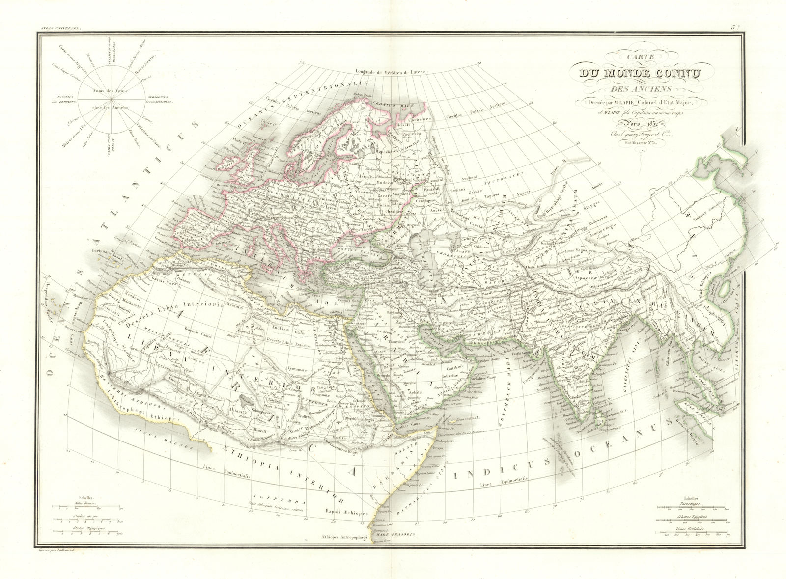 Carte du Monde connu des anciens. World as known to the Ancients. LAPIE 1832 map