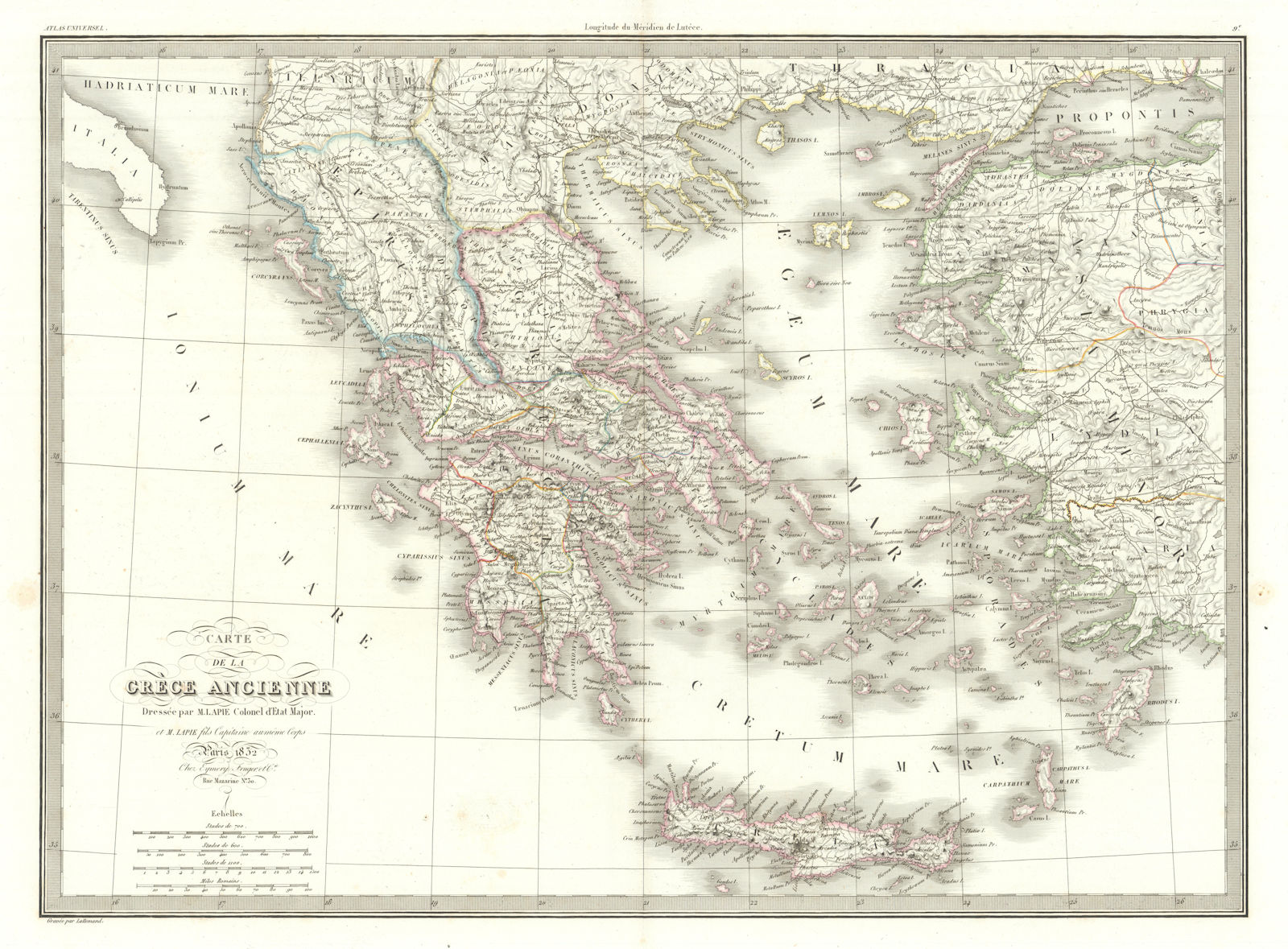 Carte de la Grèce ancienne. Ancient Greece. LAPIE 1832 old antique map chart