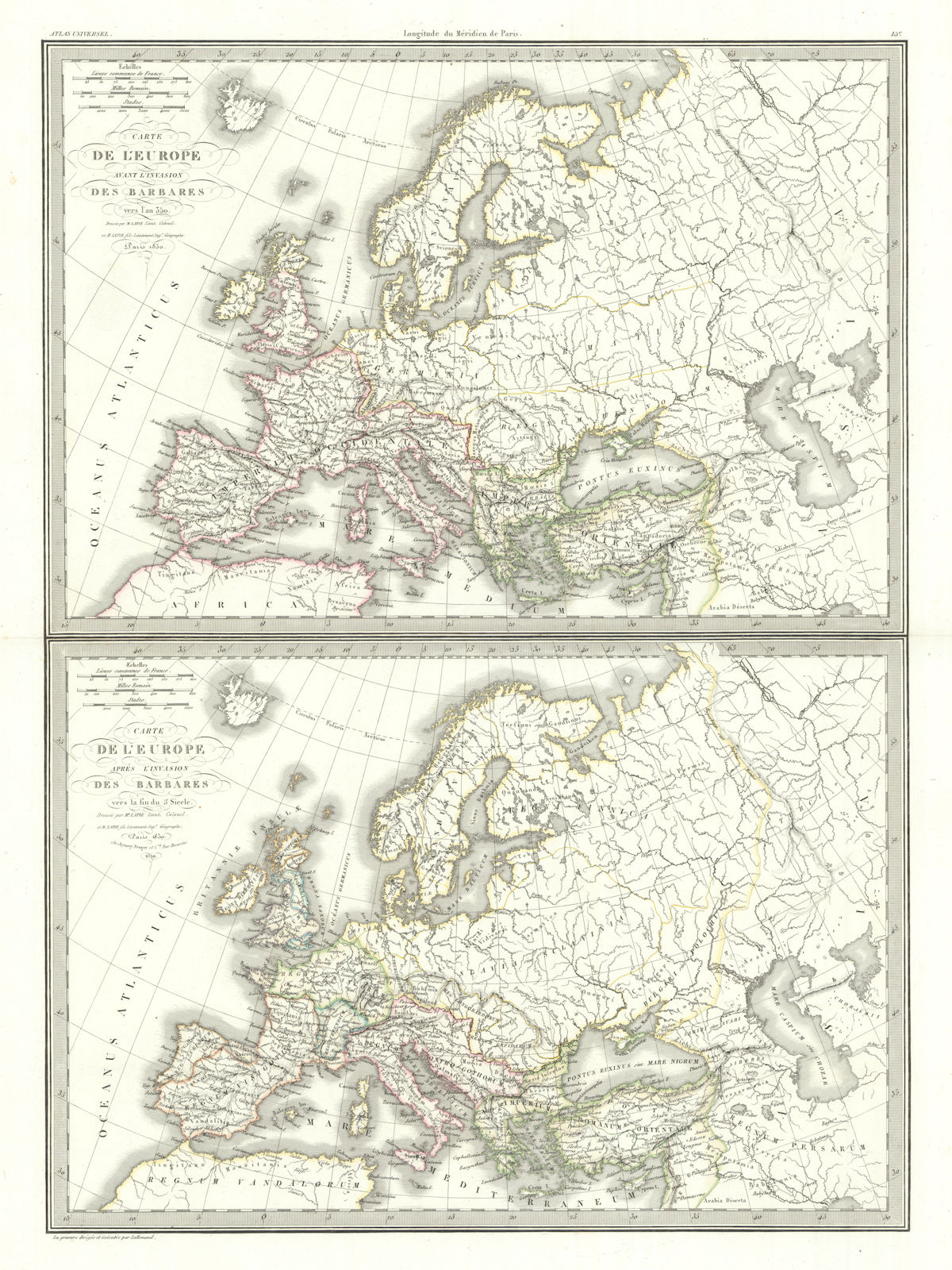 Carte de l'Europe… l'invasion des barbares. Barbarian invasions. LAPIE 1830 map