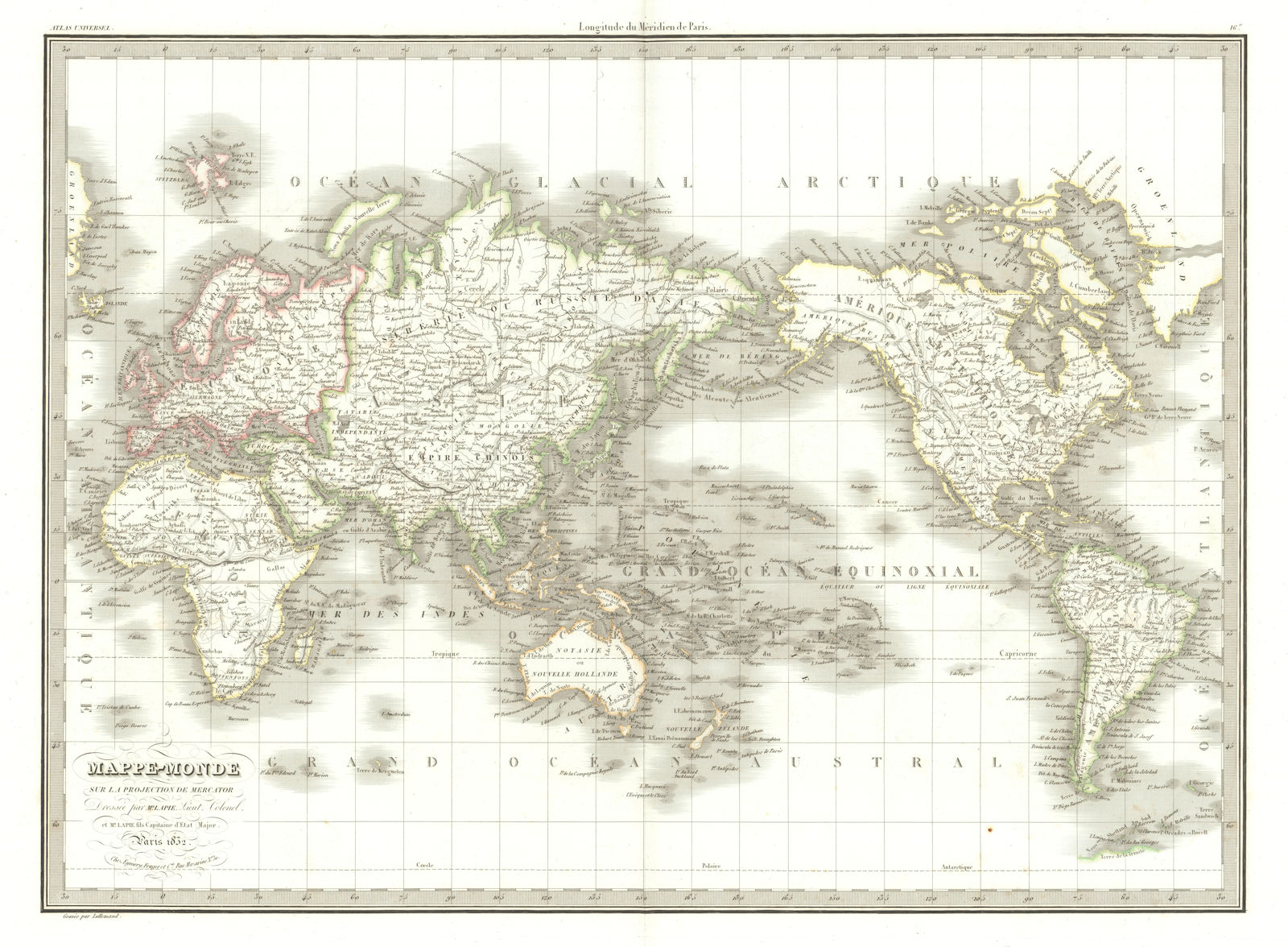 Mappemonde sur la projection de Mercator. World Australia Notasie LAPIE 1832