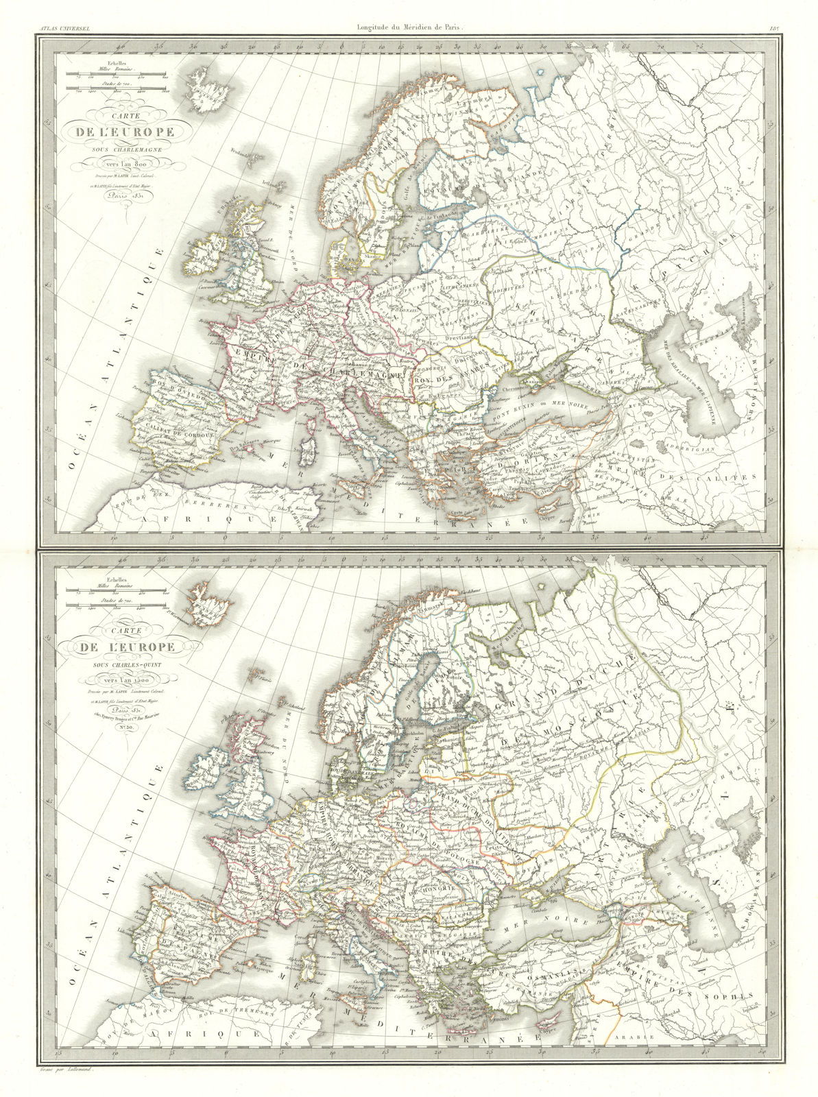 Carte de l'Europe sous Charlemagne (800) & Charles V (1500). LAPIE 1831 map