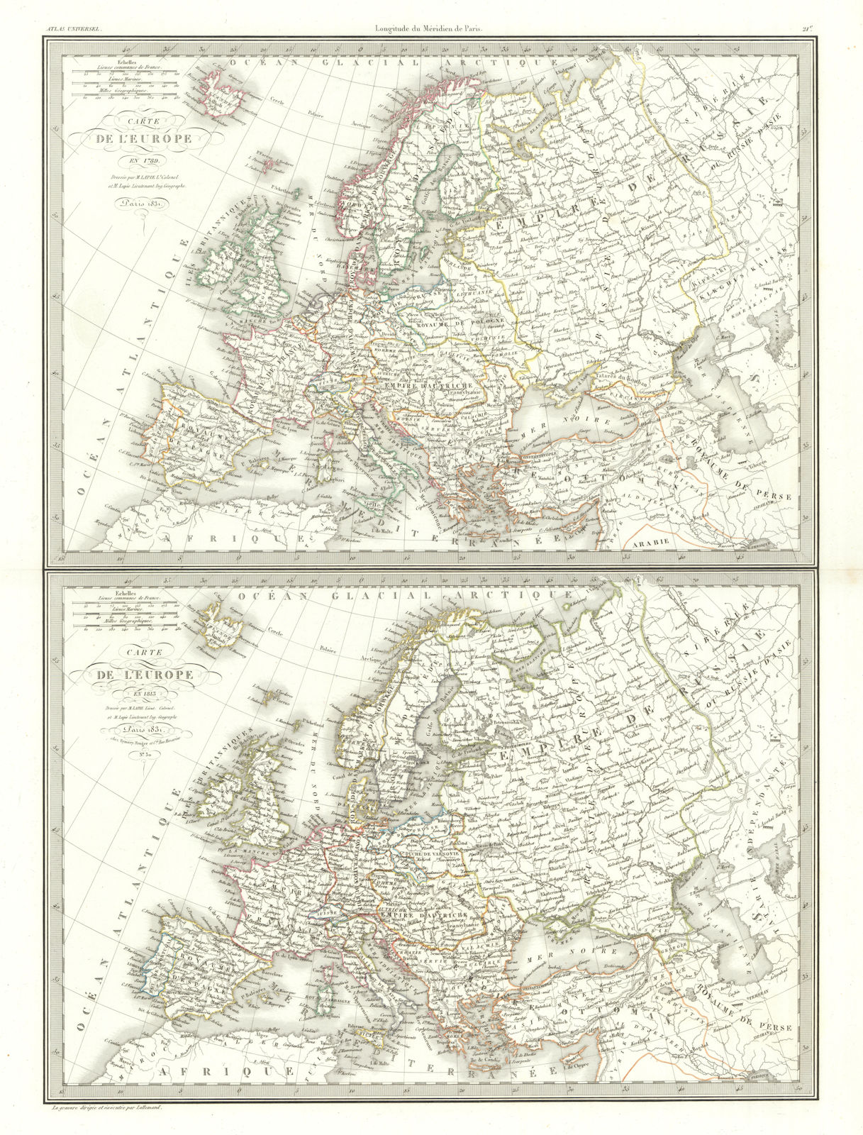 Associate Product Carte de l'Europe en 1789 & 1813. Napoleonic Europe. LAPIE 1831 old map