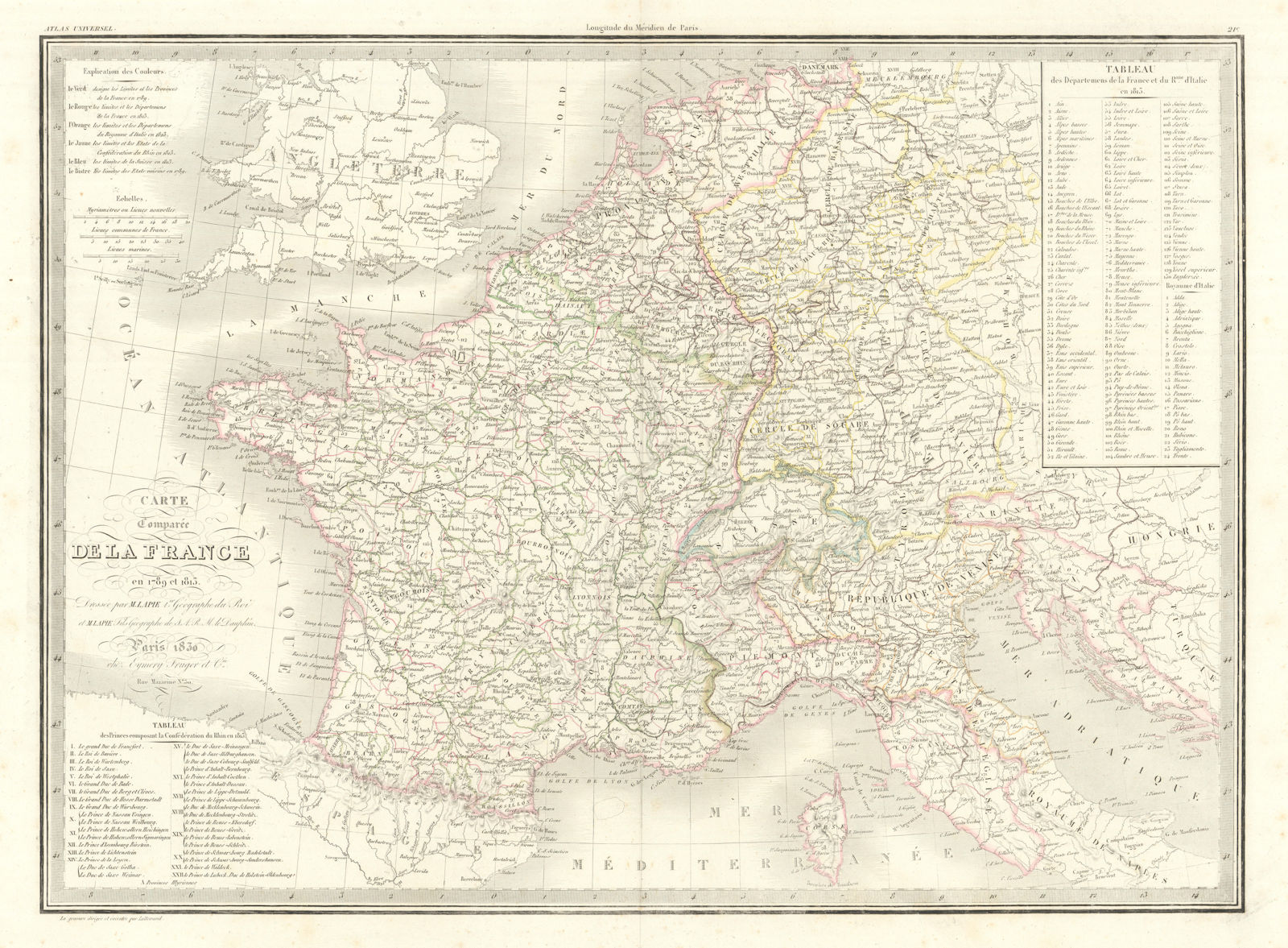 Carte comparée de la France en 1789 et 1813. Napoleonic France. LAPIE 1830 map