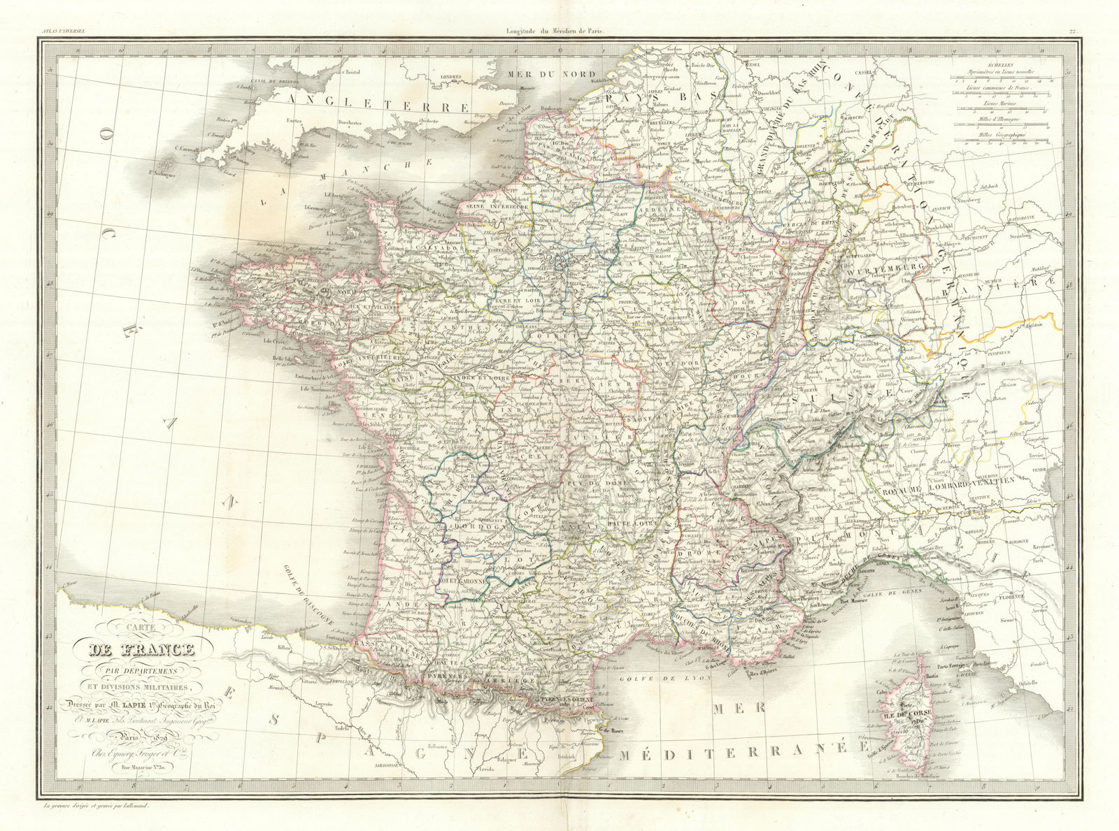 Carte de la France par départemens et divisions militaires. LAPIE 1829 old map