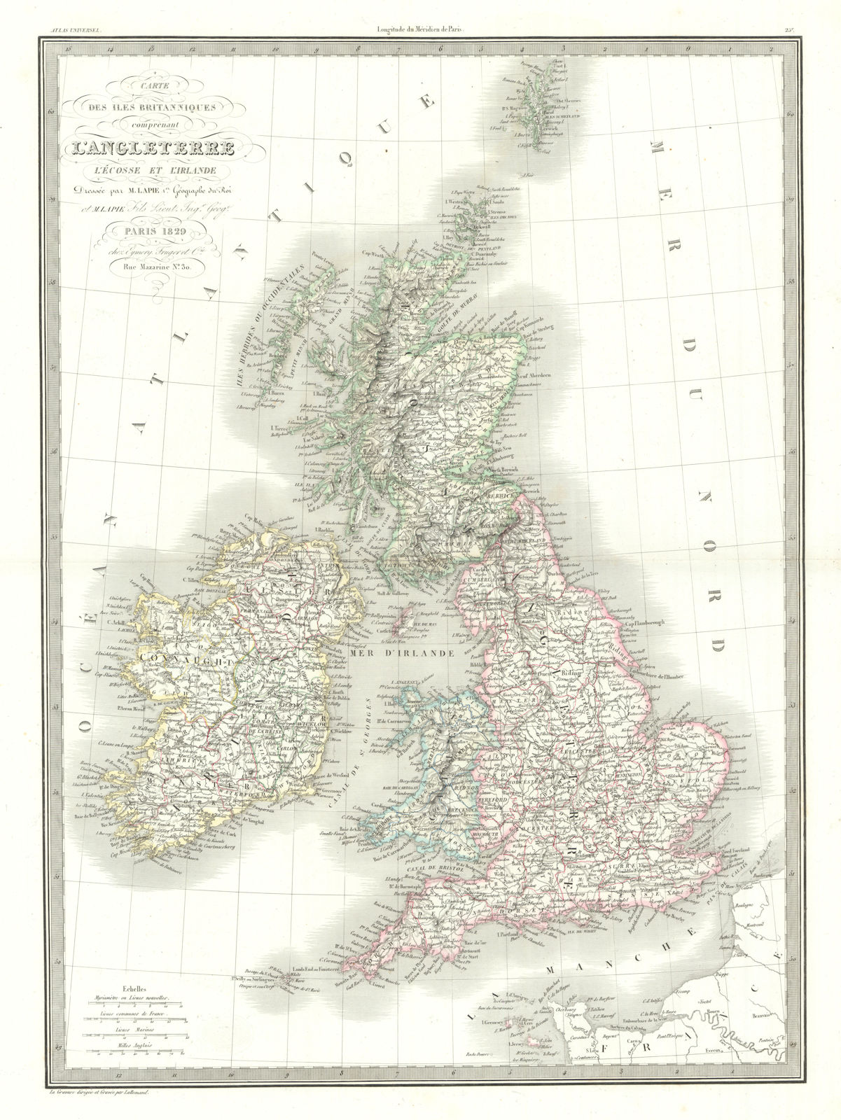 Carte des Iles Britanniques… British Isles. LAPIE 1829 old antique map chart