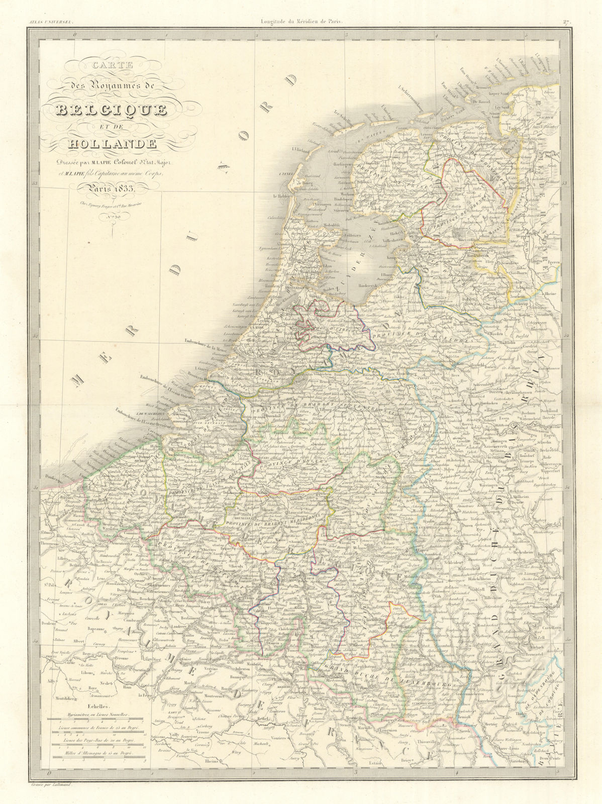 Carte des Royaumes de Belgique & Hollande. Belgium Netherlands. LAPIE 1833 map