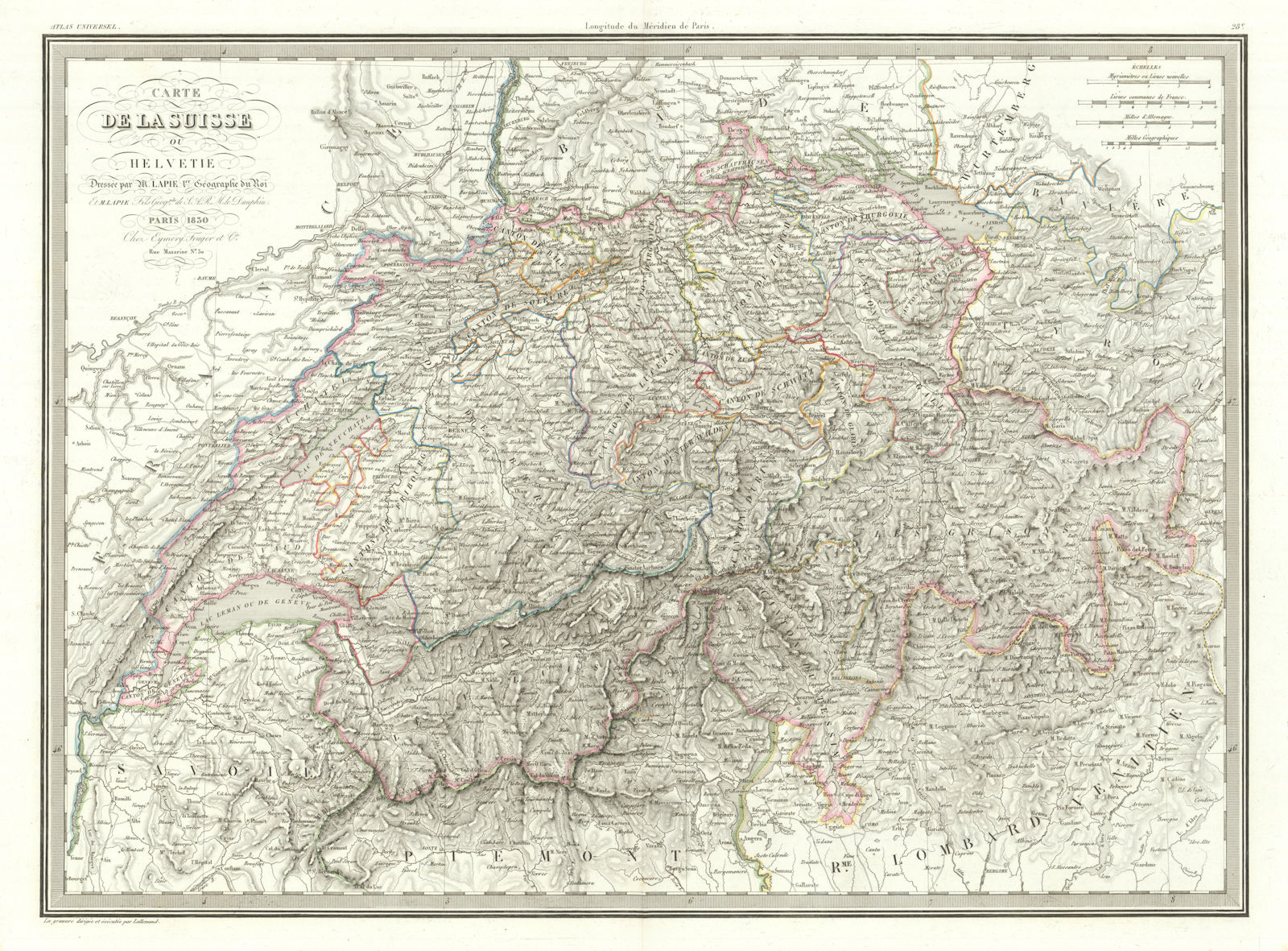 Carte de la Suisse ou Helvétie. Switzerland or Helvetia. LAPIE 1830 old map